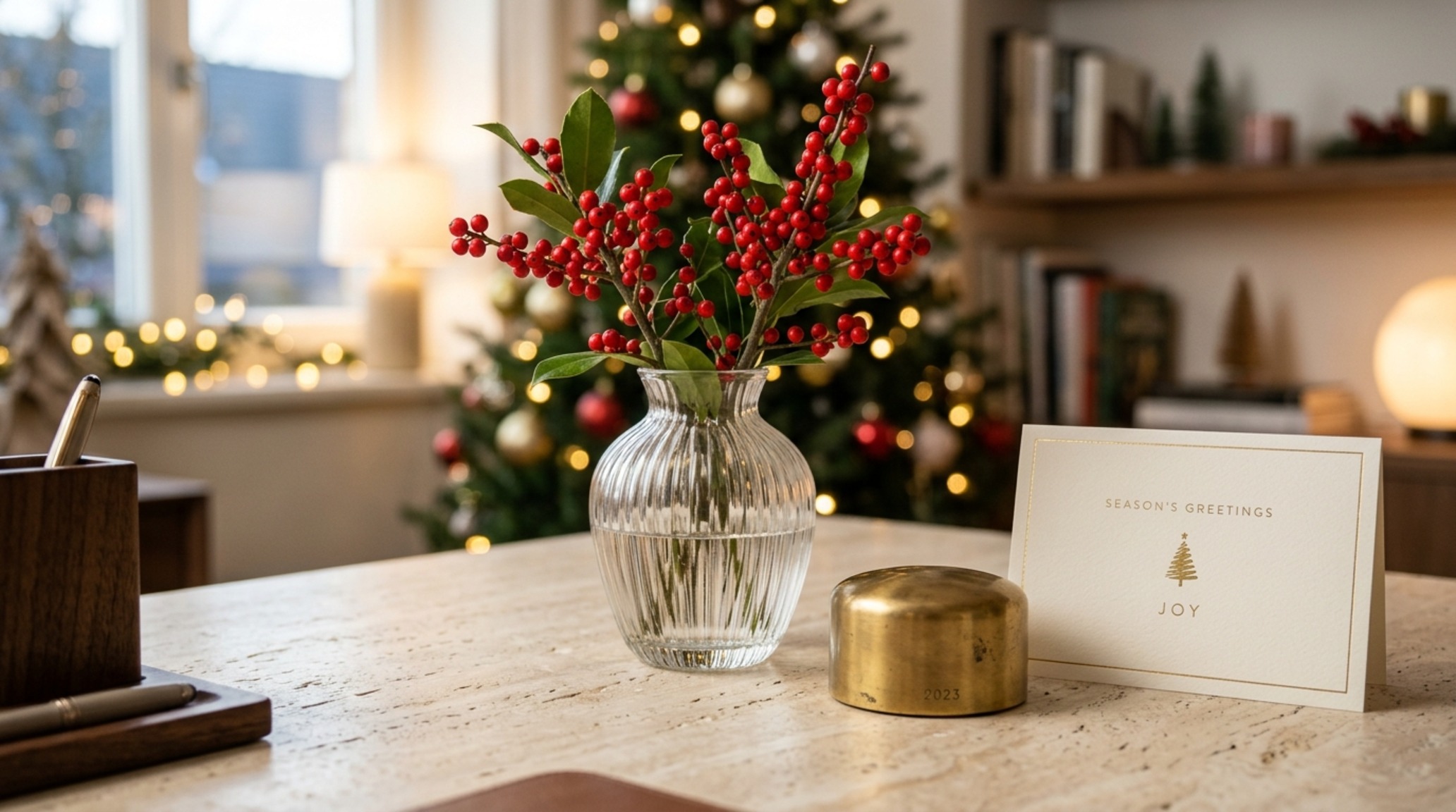 desk christmas decorations professional including a small fluted glass vase of red berries and a brass card holder on a honed travertine desktop