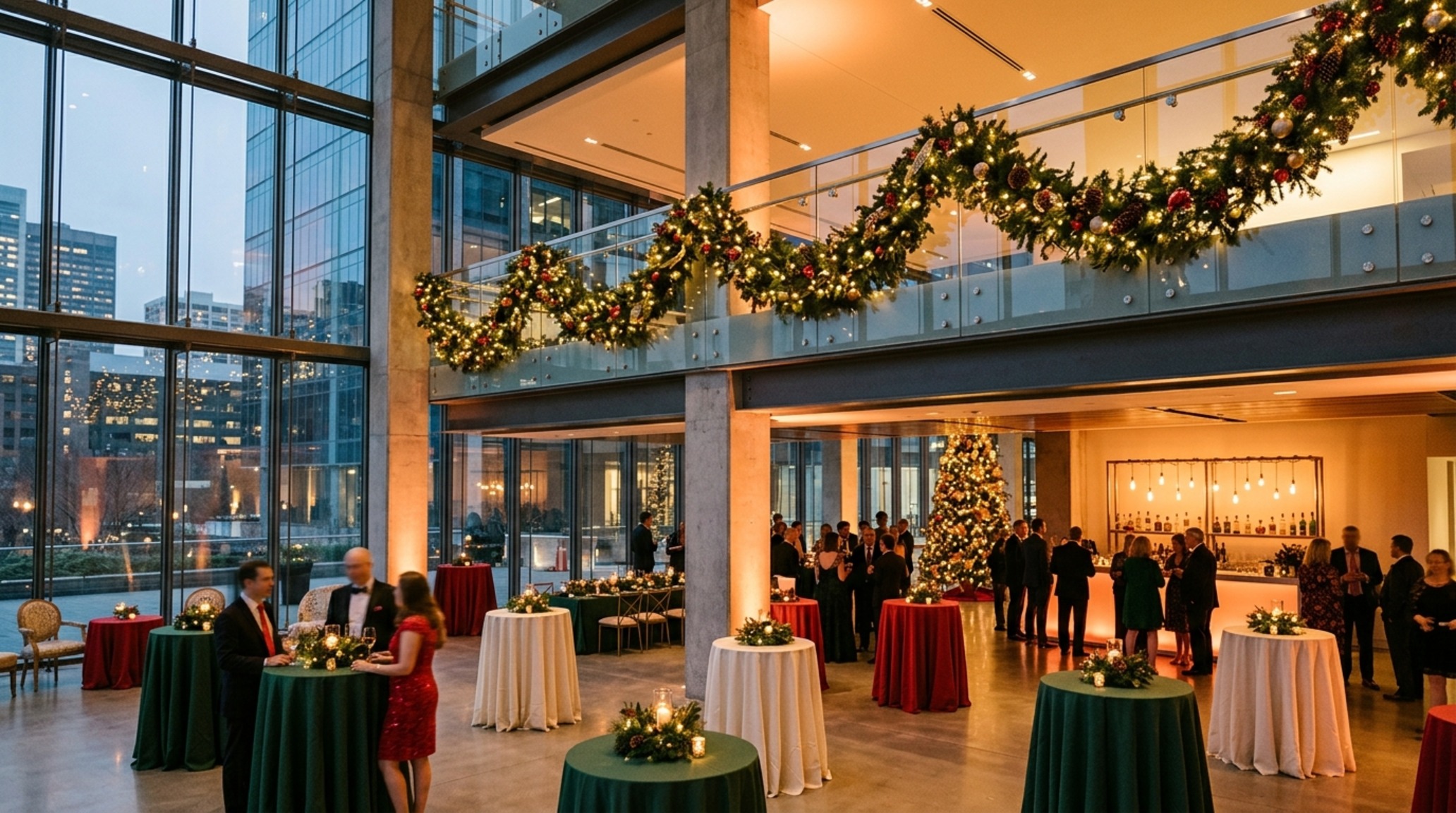 corporate holiday party styling with amber ambient lighting, modular lounge seating, and a large-scale organic garland draping over a glass partition