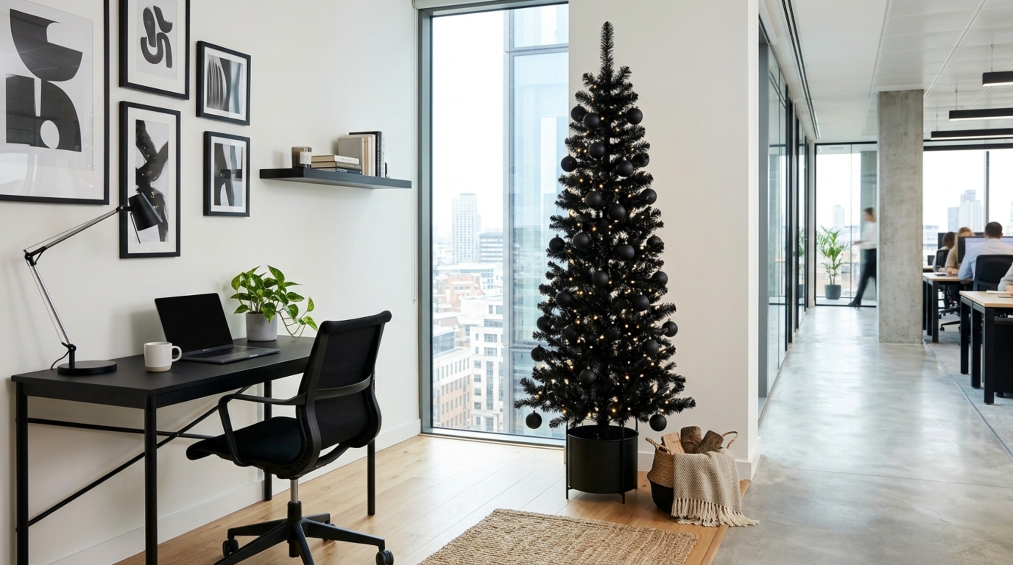 minimalist office tree ideas using a slim pencil pine decorated with matte black ornaments to maintain a professional and sleek workspace aesthetic