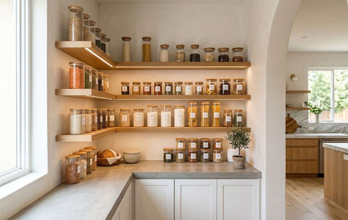 Symmetry in a small pantry organization system with floating white oak shelves and 2700K recessed LED lighting highlighting glass jars.