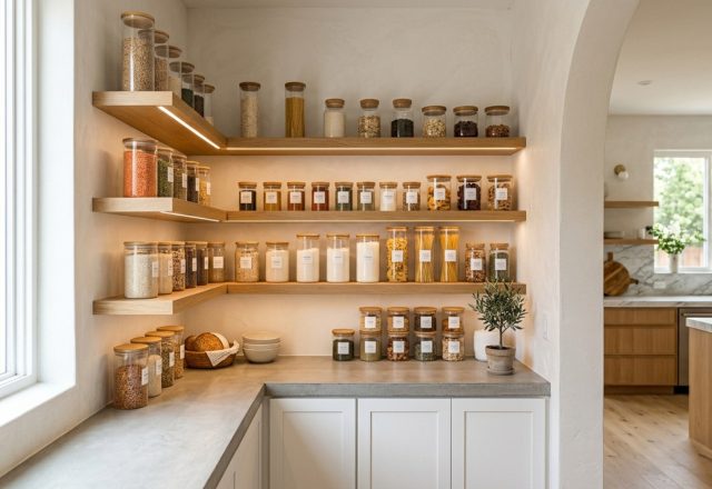 Symmetry in a small pantry organization system with floating white oak shelves and 2700K recessed LED lighting highlighting glass jars.