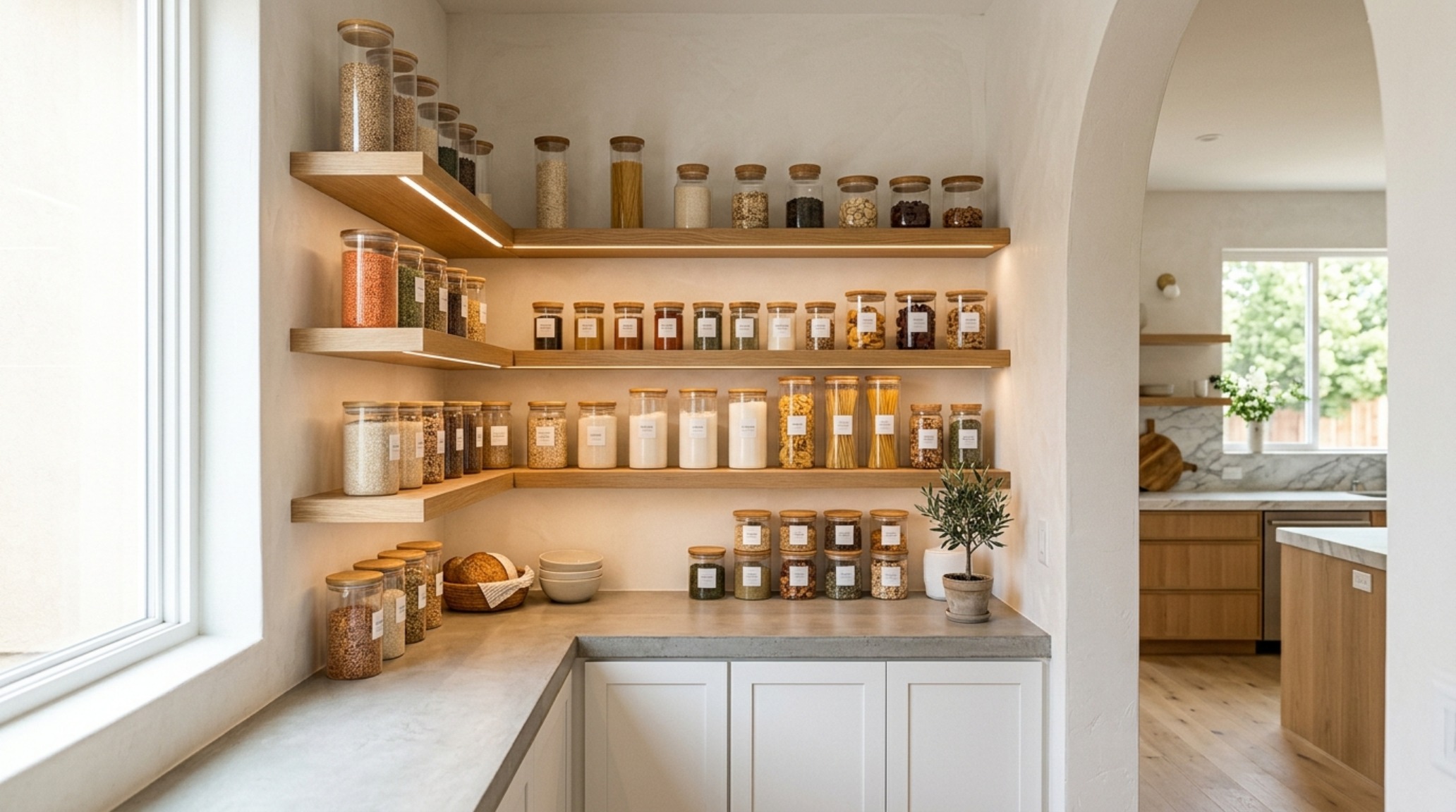 Symmetry in a small pantry organization system with floating white oak shelves and 2700K recessed LED lighting highlighting glass jars. Symmetry in a small pantry organization system with floating white oak shelves and 2700K recessed LED lighting highlighting glass jars.