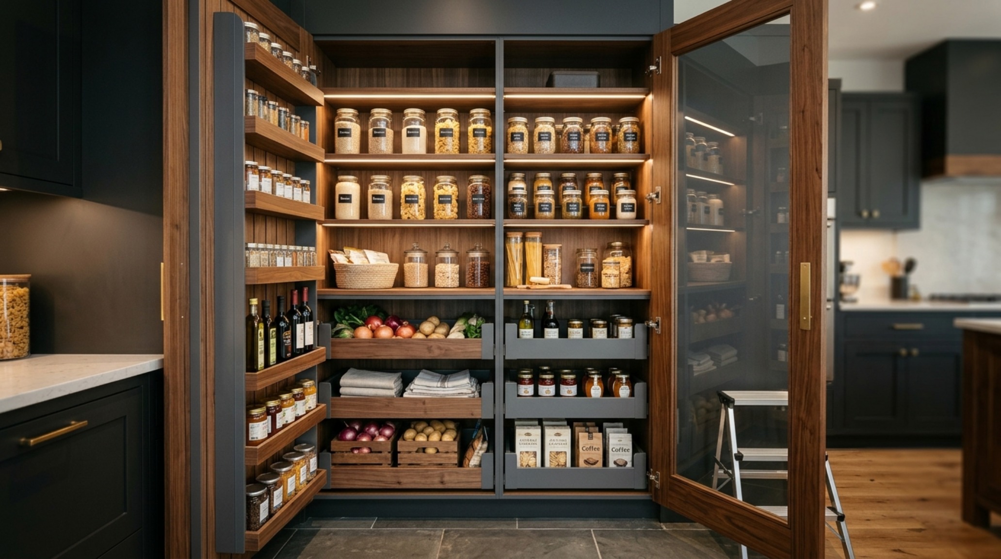 A minimalist small pantry organization idea using negative space and sightline alignment to create a sense of spatial depth. A minimalist small pantry organization idea using negative space and sightline alignment to create a sense of spatial depth.