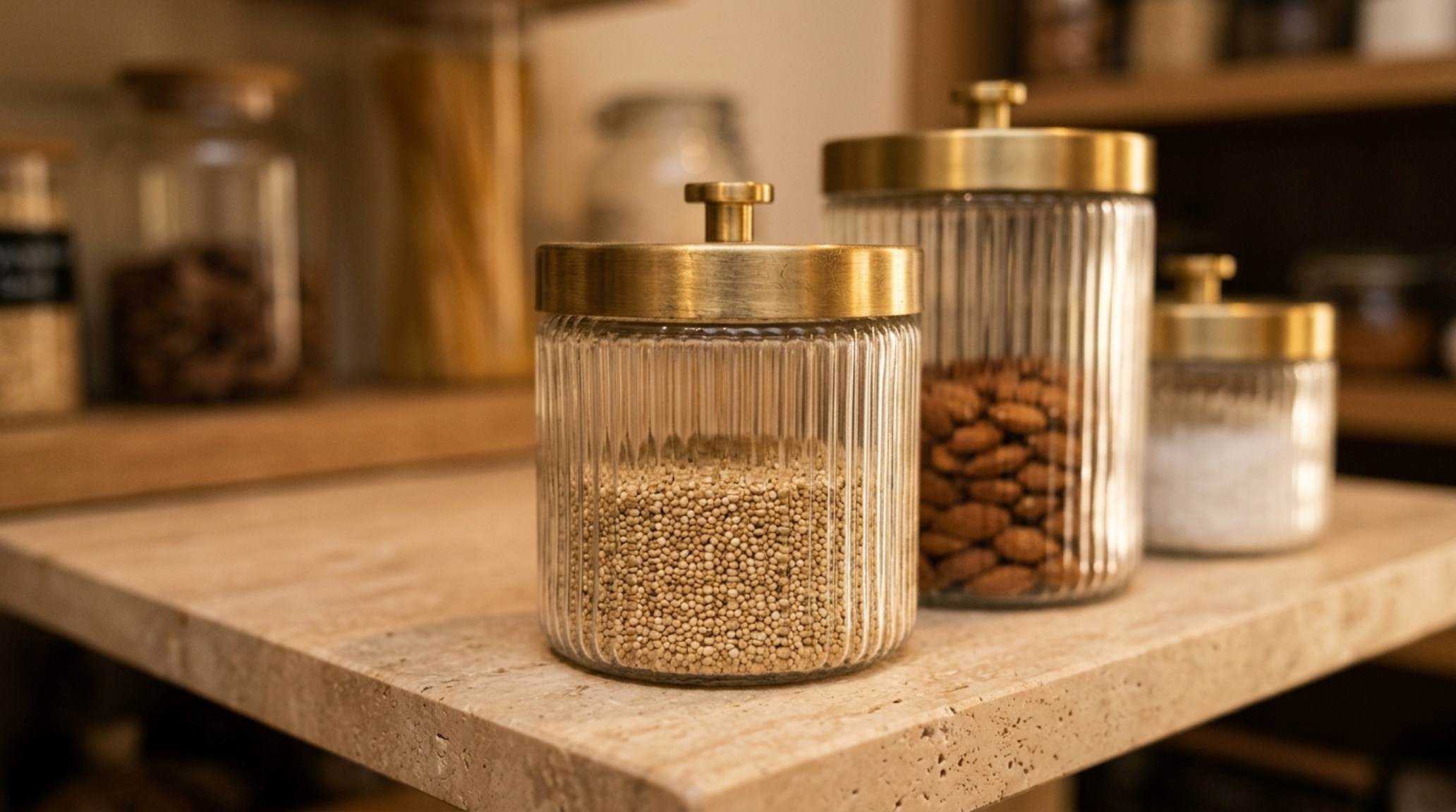 Close-up of luxury pantry materials including fluted glass canisters and honed travertine surfaces under soft directional daylight. Close-up of luxury pantry materials including fluted glass canisters and honed travertine surfaces under soft directional daylight.