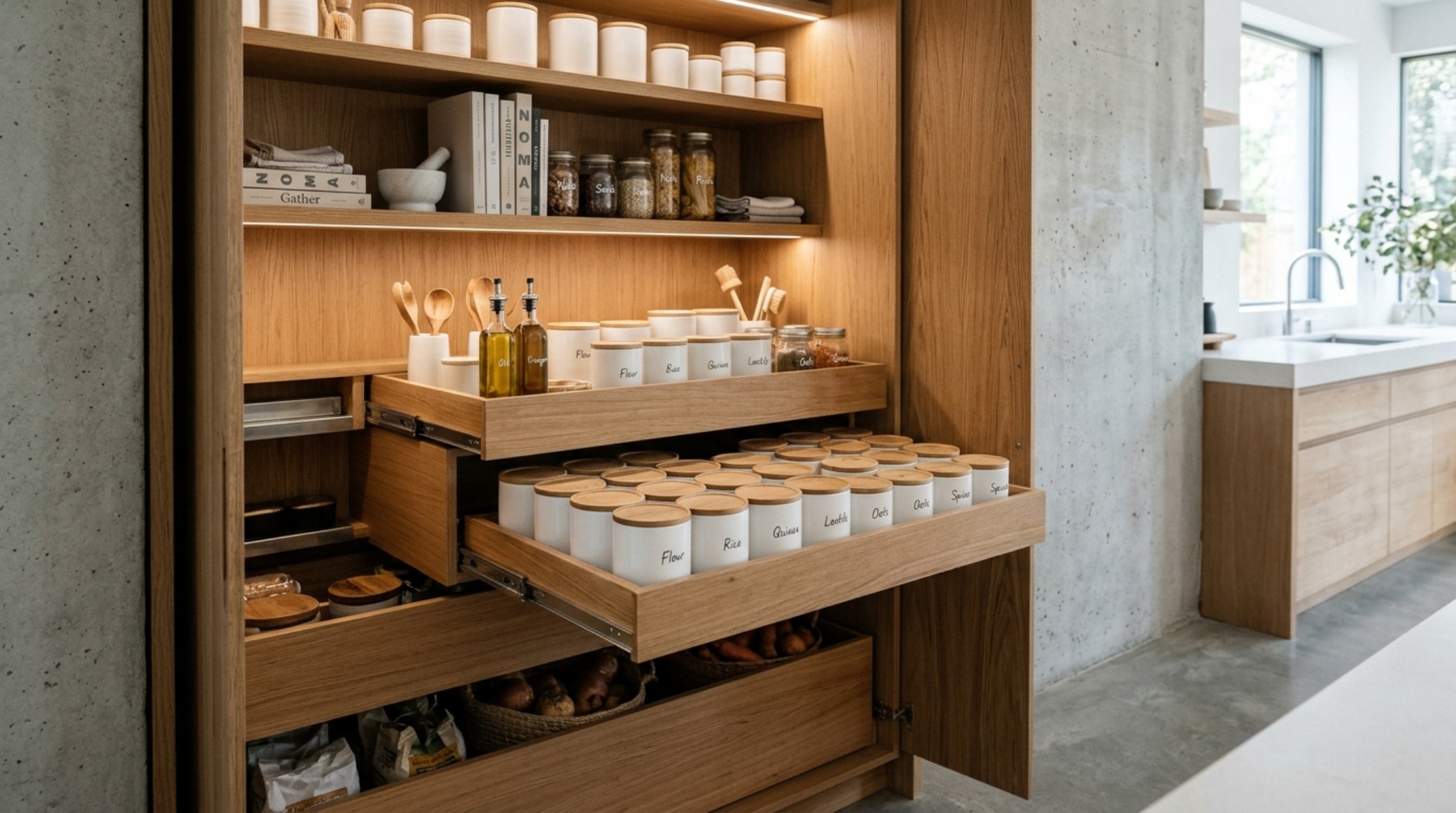 Ergonomic kitchen cabinetry layout showing high-frequency culinary tools organized by sightline alignment in a compact pantry. Ergonomic kitchen cabinetry layout showing high-frequency culinary tools organized by sightline alignment in a compact pantry.