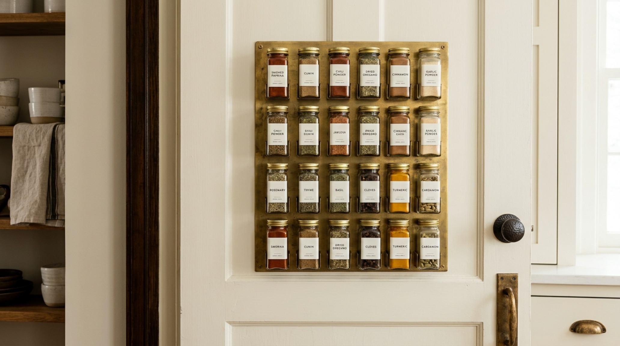 Vertical wall plane utilization in a micro-pantry with custom brass dividers for baking sheets and integrated magnetic door storage. Vertical wall plane utilization in a micro-pantry with custom brass dividers for baking sheets and integrated magnetic door storage.