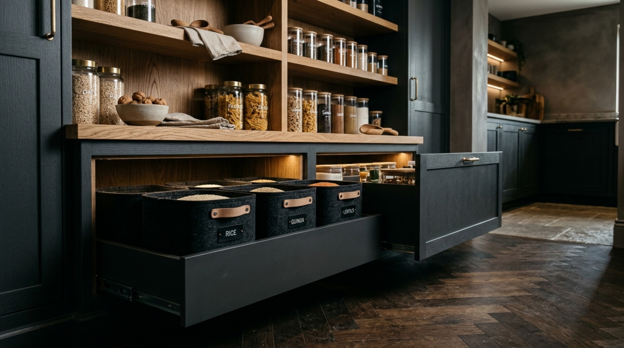 Backstock food storage solutions using industrial felt bins on a low-profile base for architectural weight and grounding. Backstock food storage solutions using industrial felt bins on a low-profile base for architectural weight and grounding.