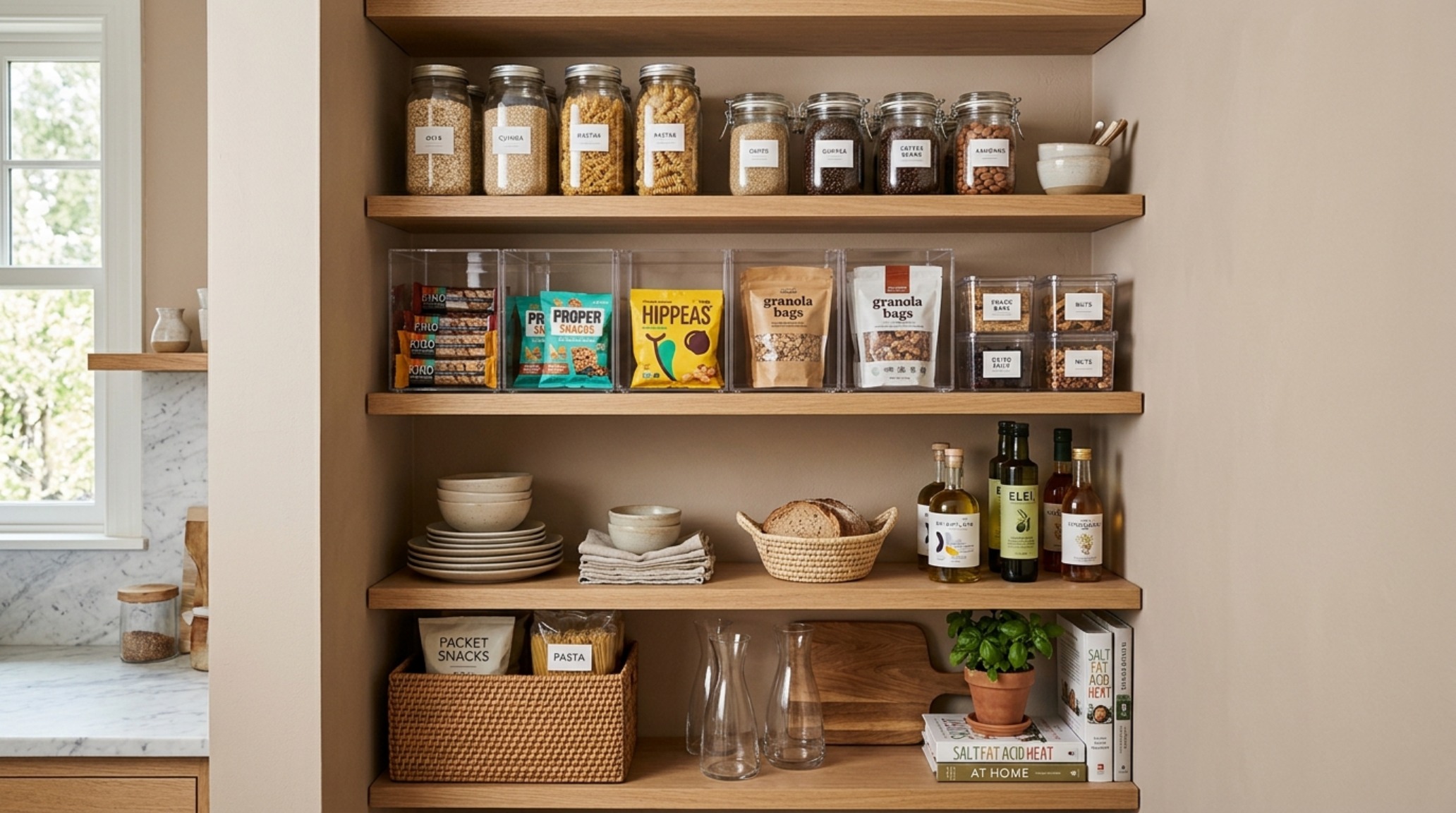 Clear acrylic bin organization system within a luxury kitchen pantry layout featuring Farrow and Ball Railings charcoal paint. Clear acrylic bin organization system within a luxury kitchen pantry layout featuring Farrow and Ball Railings charcoal paint.