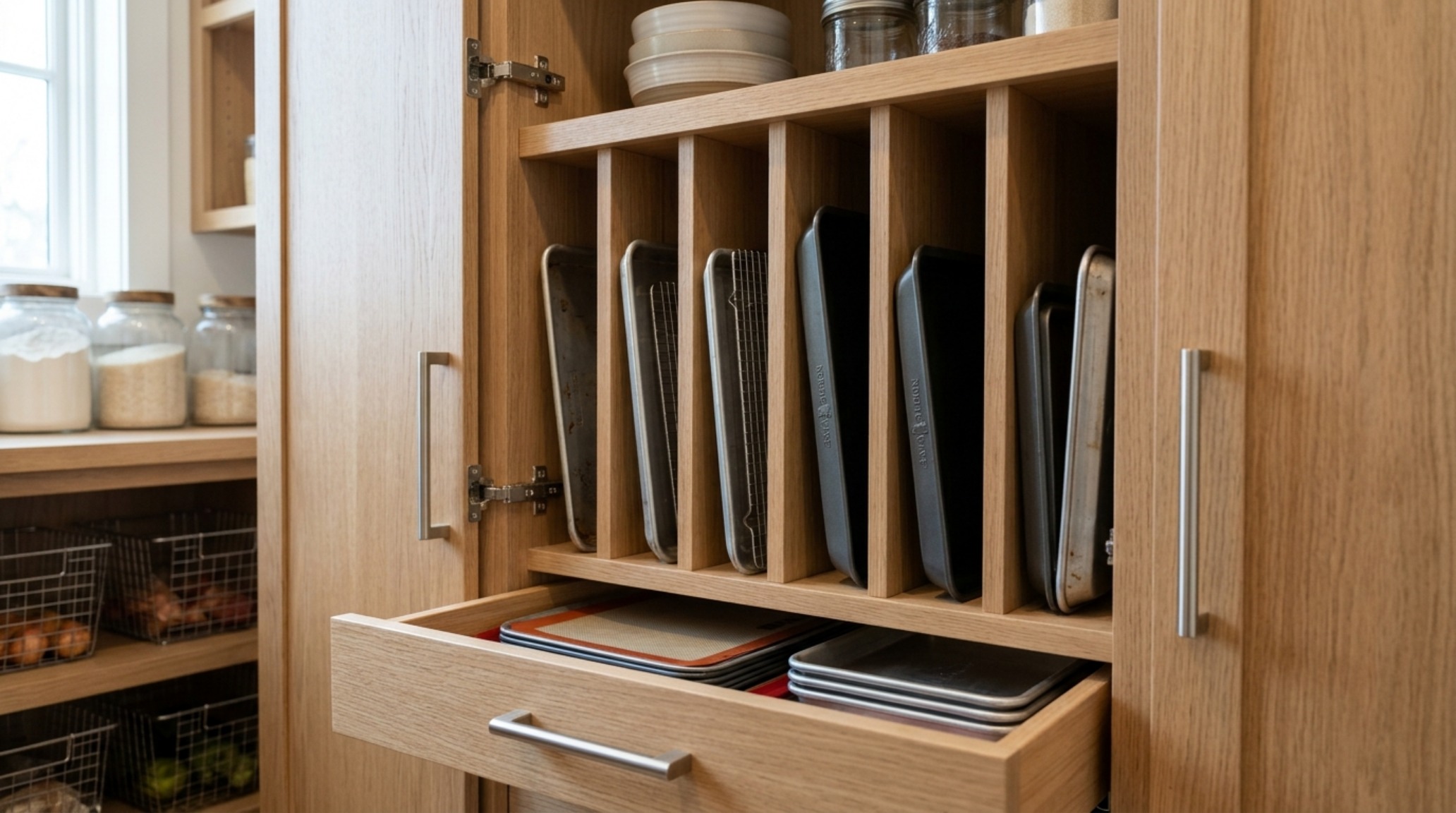 High-performance pantry ergonomics showcasing a pull-out shelf for heavy appliances at standard 30-inch height. High-performance pantry ergonomics showcasing a pull-out shelf for heavy appliances at standard 30-inch height.