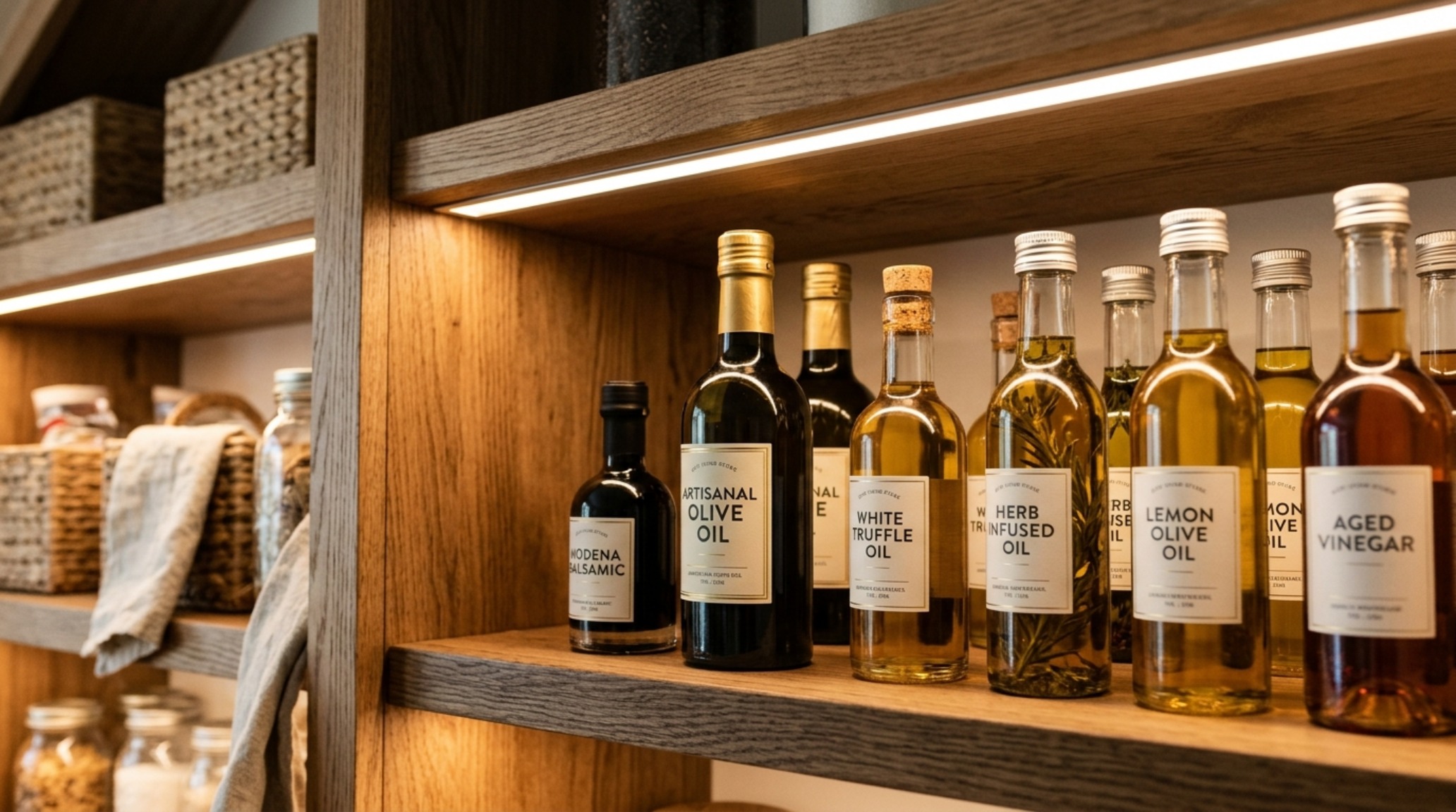 Architectural detail of a recessed LED channel in a pantry gable providing 3000K task lighting for ingredient identification. Architectural detail of a recessed LED channel in a pantry gable providing 3000K task lighting for ingredient identification.