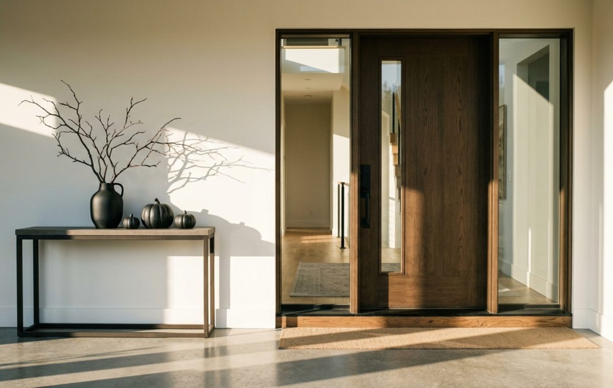 minimalist halloween house ideas featuring a sleek modern entryway with 42-inch thresholds and monochrome sculptural pumpkins against a Swiss Coffee wall