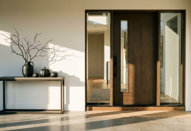 minimalist halloween house ideas featuring a sleek modern entryway with 42-inch thresholds and monochrome sculptural pumpkins against a Swiss Coffee wall