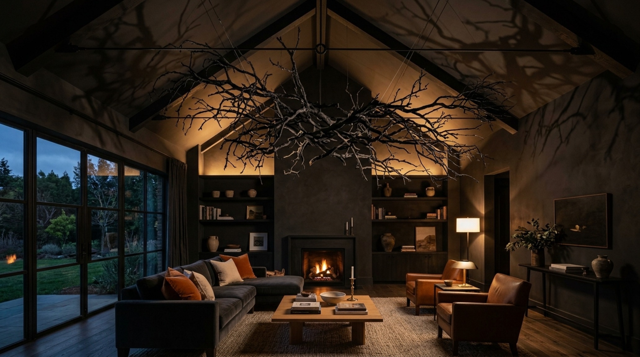 spooky interior design aesthetic showing high ceiling verticality with hanging charred branch installations and 2700K directional uplighting