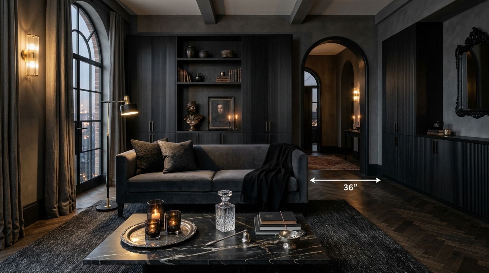 modern gothic room decor in a living space with fluted black ash furniture, heavy velvet textures, and 36-inch clear walkway paths