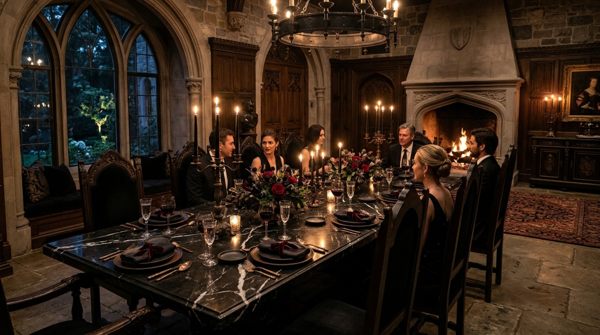 elegant indoor halloween decor on a formal dining table with Nero Marquina marble, tall tapered candles, and 30-inch chair clearances