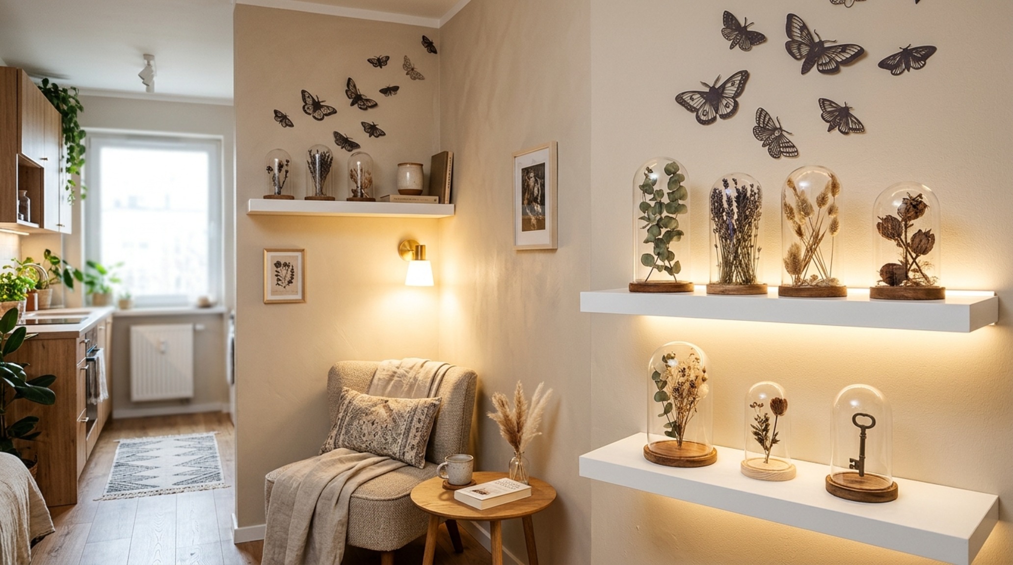 apartment friendly halloween decorating in a small studio using vertical wall space for paper silhouettes and floating glass cloches with warm ambient light