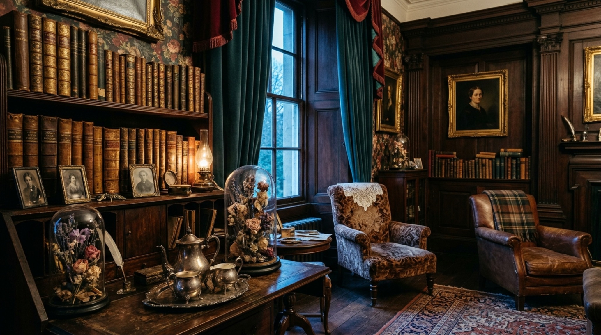 vintage victorian halloween parlor with layered textures of aged lace, tarnished silver, and botanical specimens in a rich historical layout