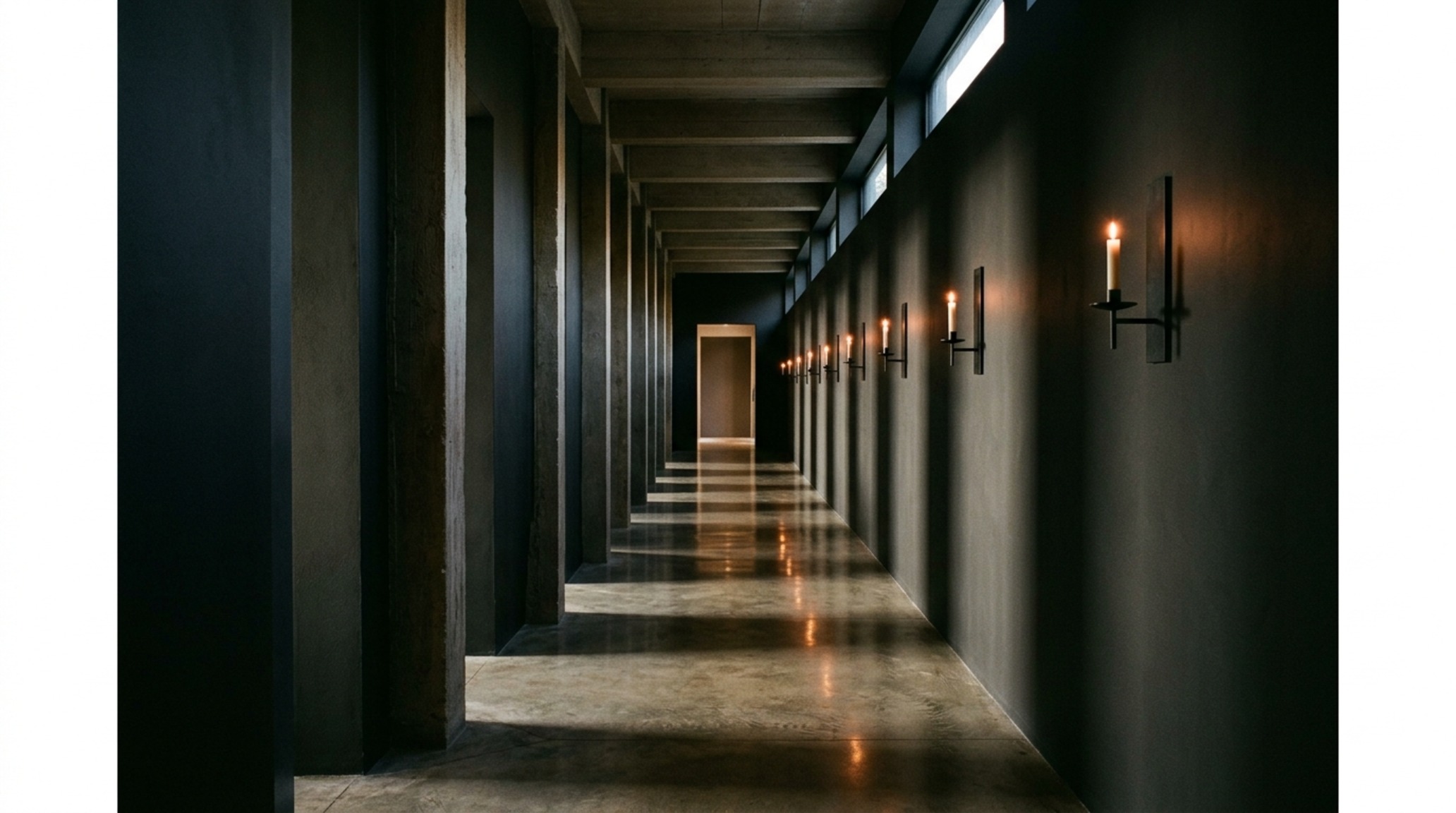 spooky interior design aesthetic in a long hallway utilizing rhythmic shadow play and recessed floor lighting for a museum-grade experience