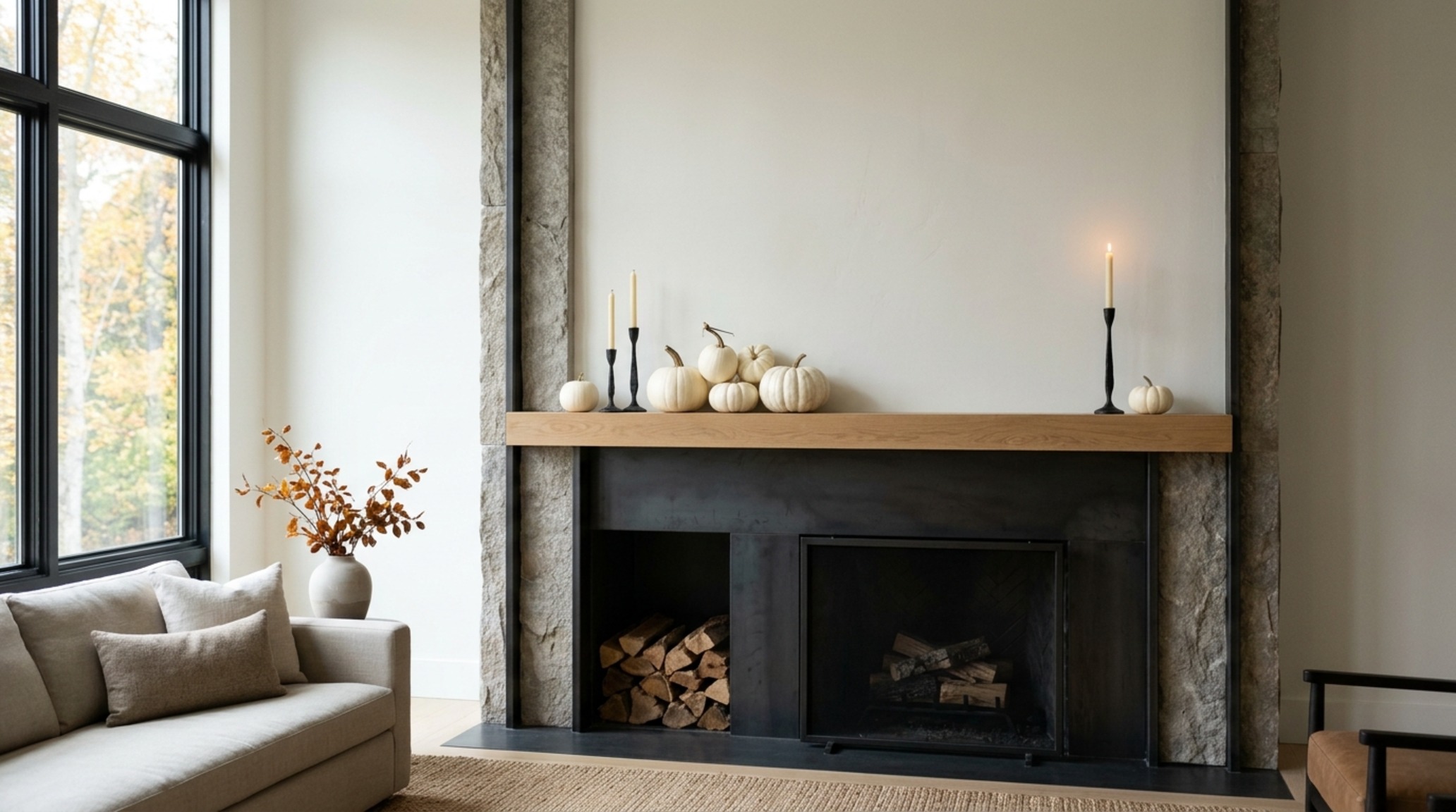 minimalist halloween house ideas applied to a contemporary mantle with asymmetrical groupings of matte ceramic vessels and negative space
