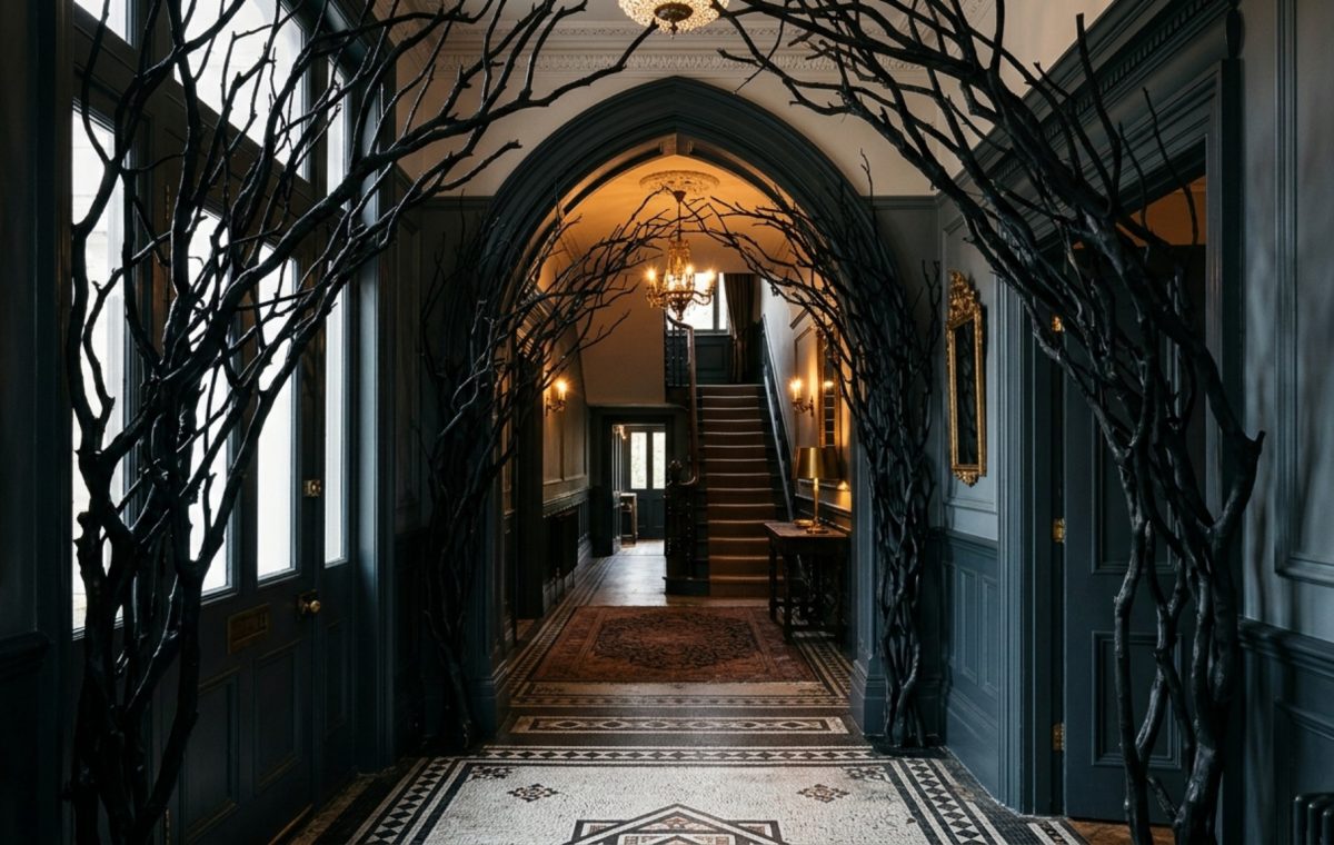 Victorian gothic home styling featuring a grand foyer archway draped in blackened preserved manzanita branches and oversized raven silhouettes.