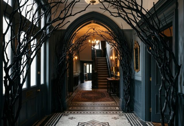 Victorian gothic home styling featuring a grand foyer archway draped in blackened preserved manzanita branches and oversized raven silhouettes.