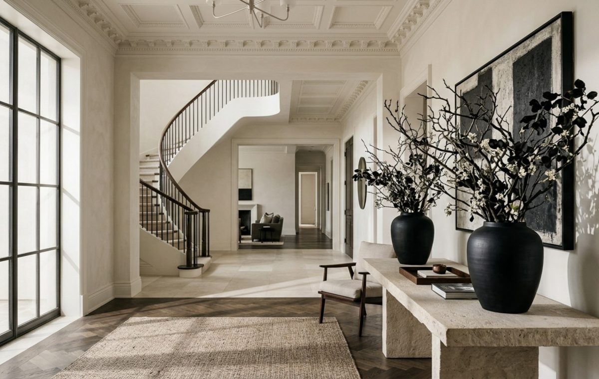 Sophisticated halloween decorations for adults featuring a grand foyer with blackened manzanita branches in tall matte black vases, highlighting 12-foot ceiling heights and architectural molding.