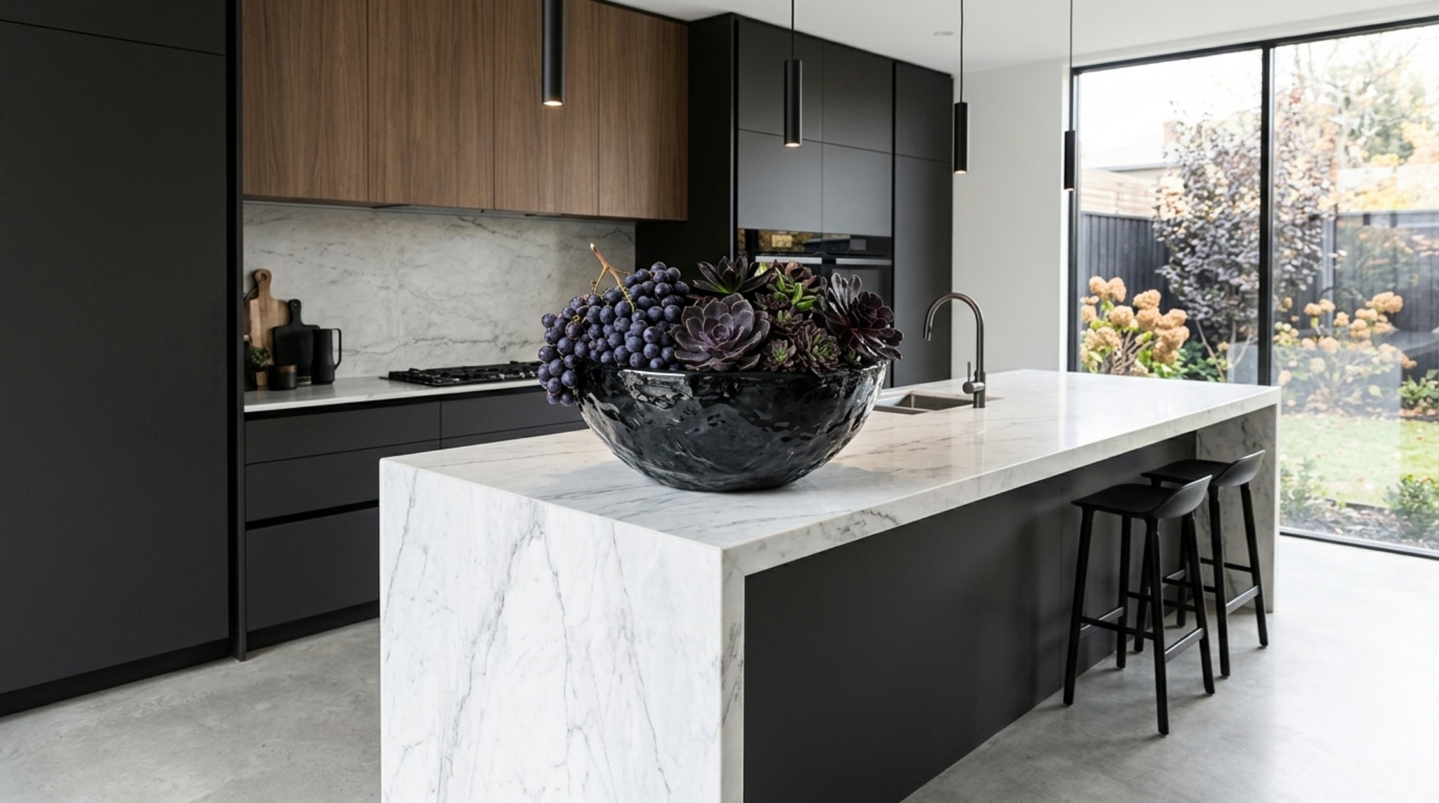 Minimalist halloween decor trends for a modern kitchen island with a singular oversized obsidian bowl of dark fruit and clean spatial lines.