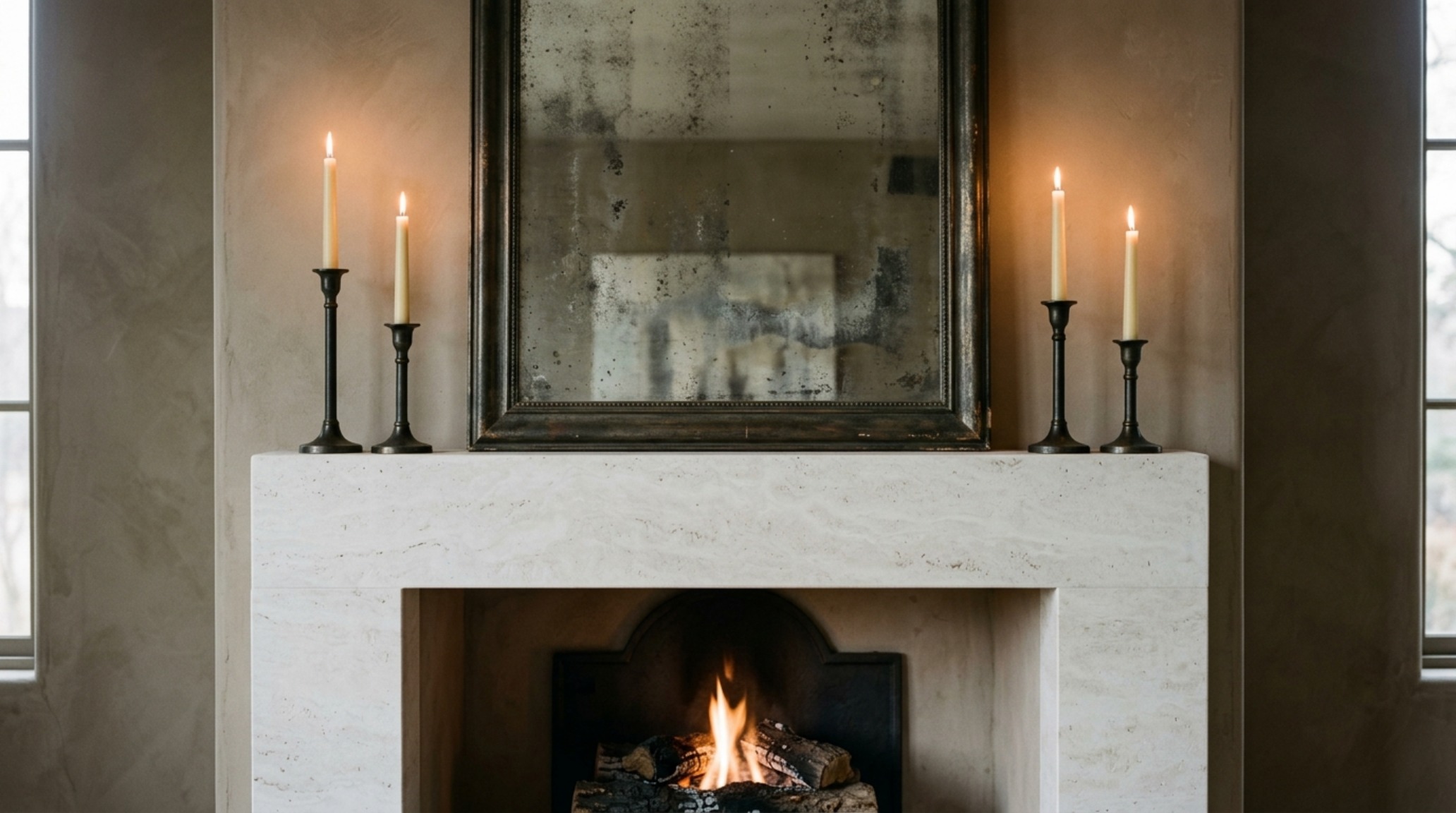 Luxury halloween home accents displayed on a honed marble mantel including blackened brass candelabras and antique mercury glass mirrors.