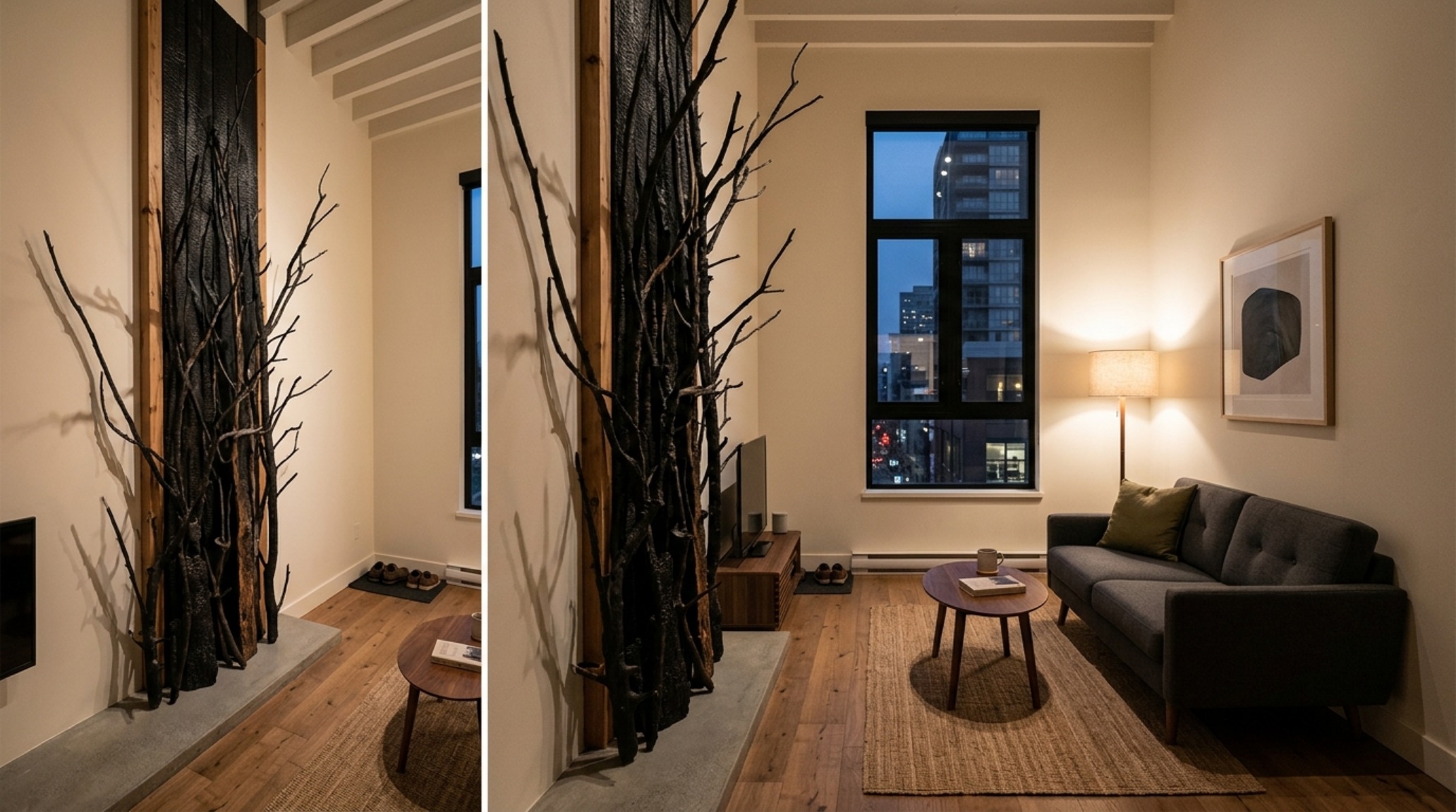 Apartment-friendly halloween layouts showcasing a small corner nook with floating shelves and a singular high-impact charred cedar branch installation.