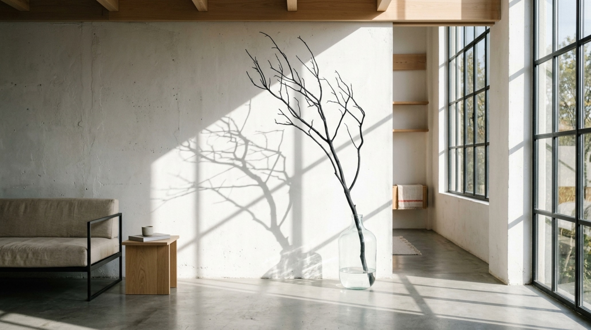 Minimalist halloween home decor in a modern loft featuring a single sculptural branch and 2700K spotlighting to create dramatic architectural shadows on a raw plaster wall. Minimalist halloween home decor in a modern loft featuring a single sculptural branch and 2700K spotlighting to create dramatic architectural shadows on a raw plaster wall.