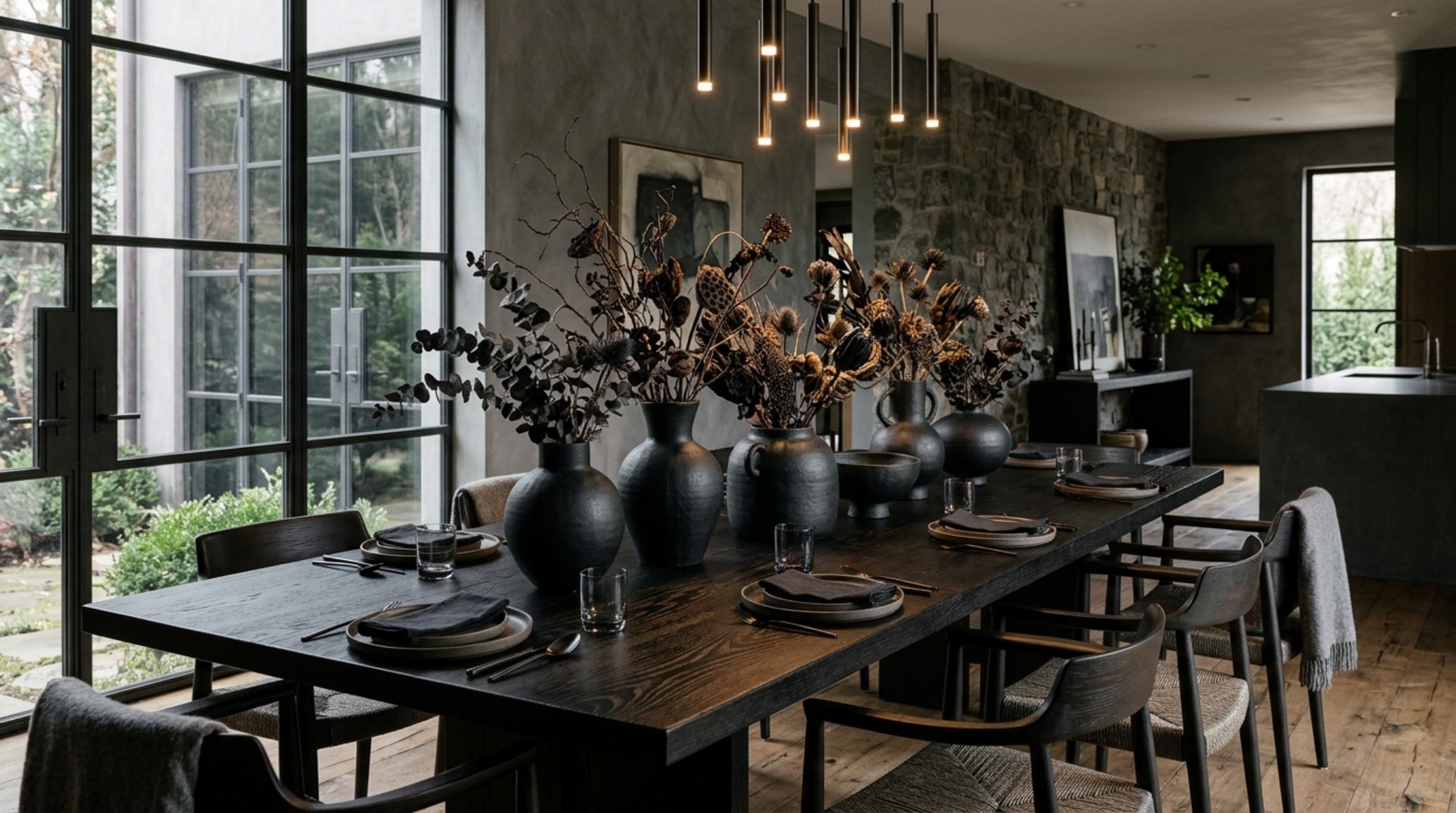 Spooky-chic interior design in a contemporary dining room featuring a matte black table setting and oversized dark botanical centerpieces.