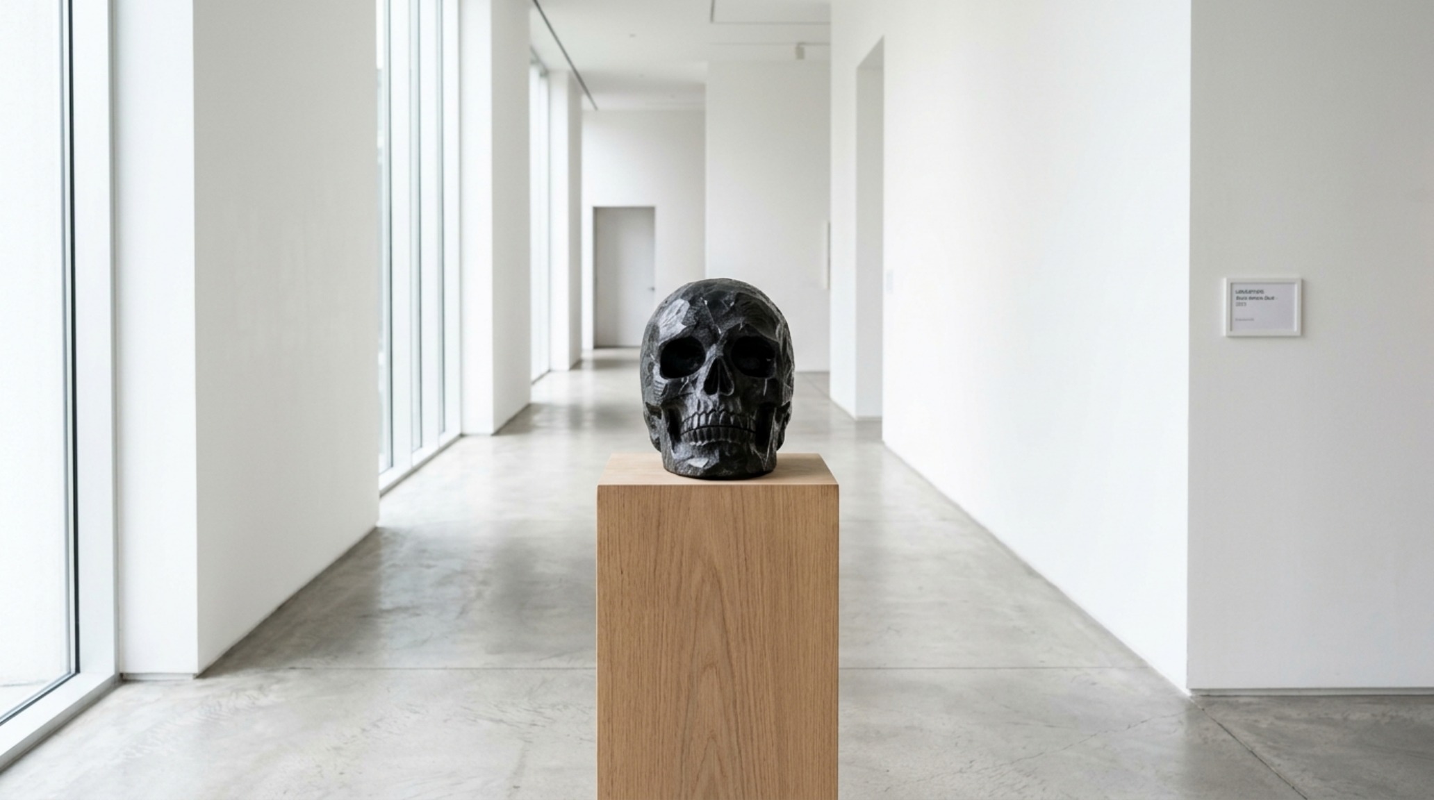 Minimalist halloween decor trends emphasizing negative space with a single hand-carved stone skull on a white oak pedestal.