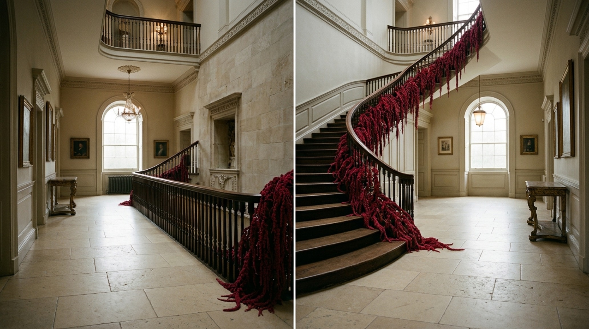 Sophisticated halloween decorations for adults using biophilic decay elements like preserved amaranthus draped over a dark wood balustrade with 36-inch clearance pathways. Sophisticated halloween decorations for adults using biophilic decay elements like preserved amaranthus draped over a dark wood balustrade with 36-inch clearance pathways.