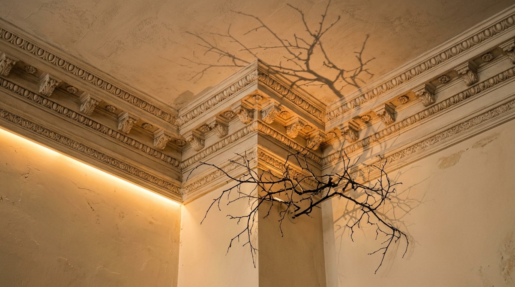 Moody seasonal lighting techniques highlighting the architectural crown molding and casting dramatic shadows with 2400K flickering LED candles.