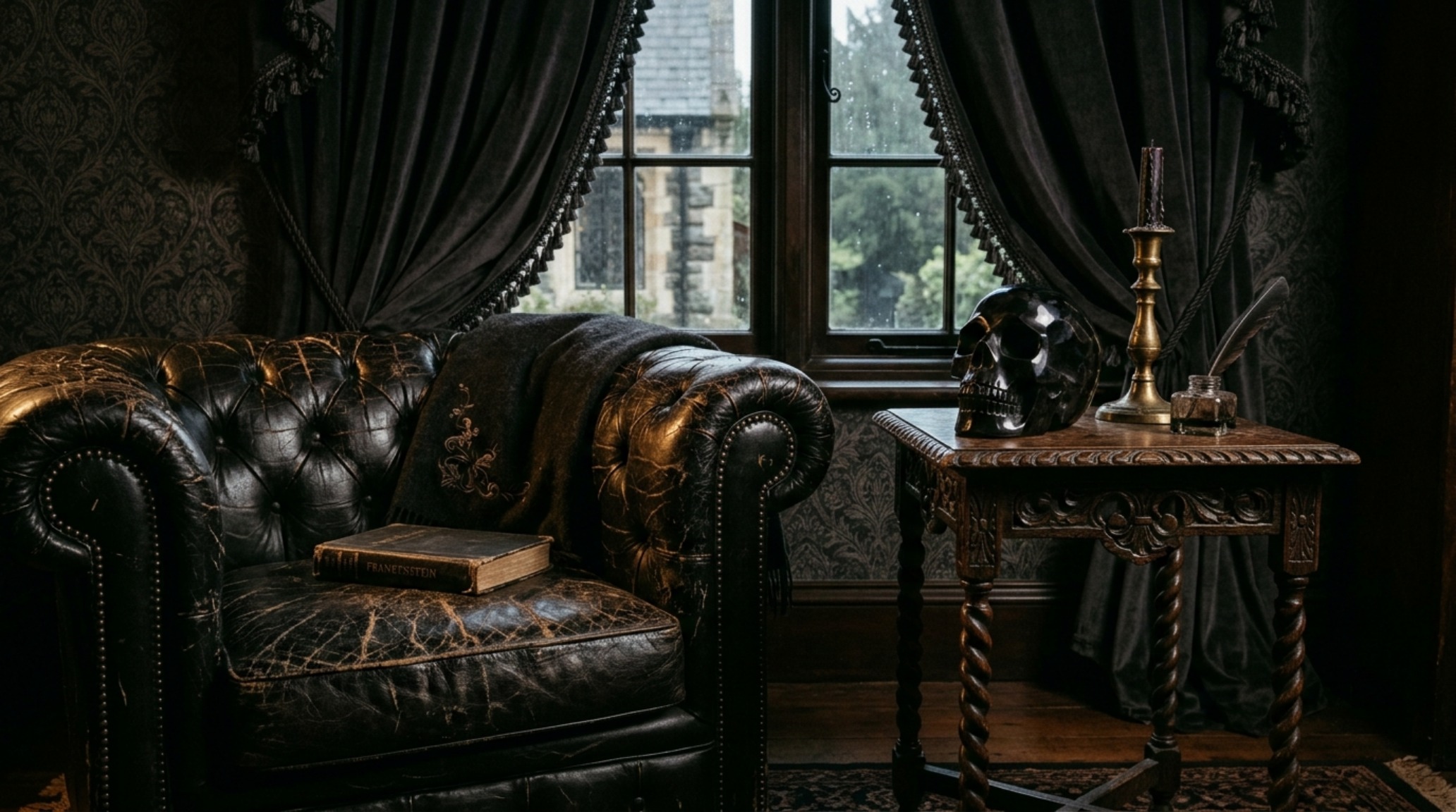 Victorian gothic interior styling with a focus on tactile materiality, featuring cracked leather stools and heavy velvet drapes in a high-ceilinged library setting. Victorian gothic interior styling with a focus on tactile materiality, featuring cracked leather stools and heavy velvet drapes in a high-ceilinged library setting.
