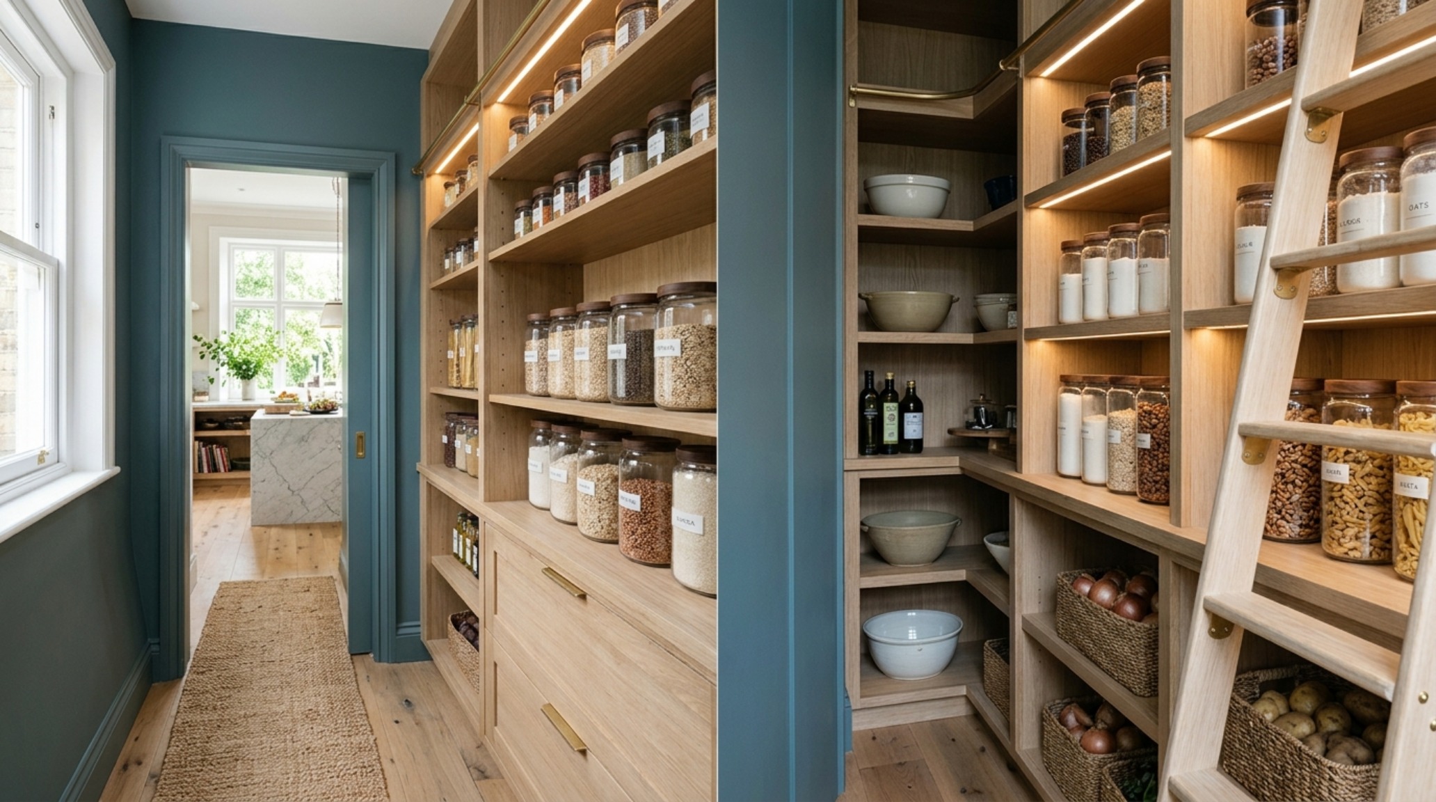 A narrow walk-in pantry with Farrow and Ball De Nimes walls, white oak shelving, and integrated warm LED lighting highlighting glass decanted jars.