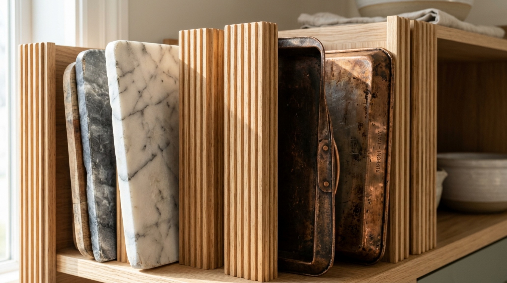 Detail shot of custom vertical dividers in a pantry made from fluted white oak, organizing baking sheets and marble serving boards with architectural precision.