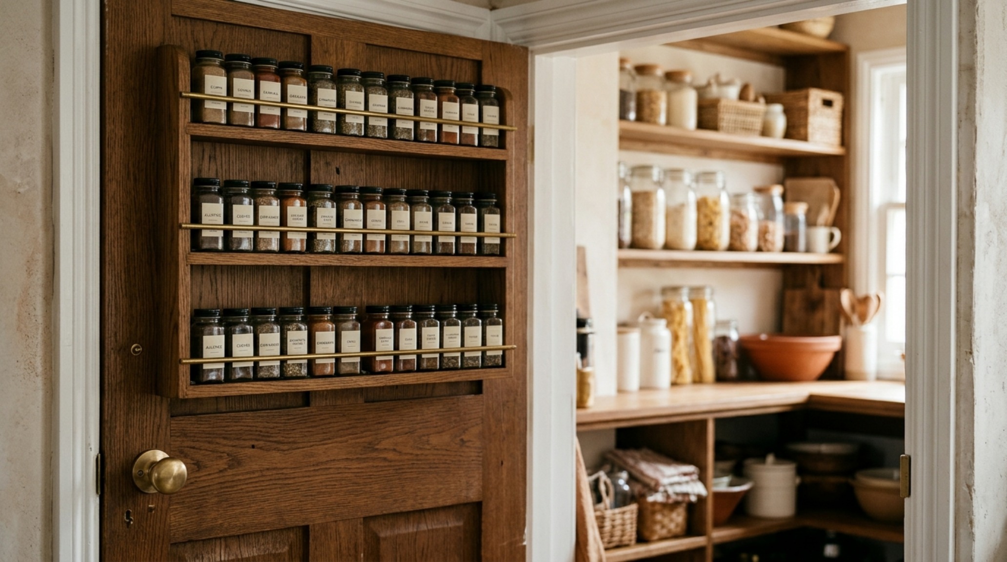 A back-of-door spice rack solution featuring slim brass railings and custom wood shelves, maximizing small pantry organization ideas in a 15-square-foot space.