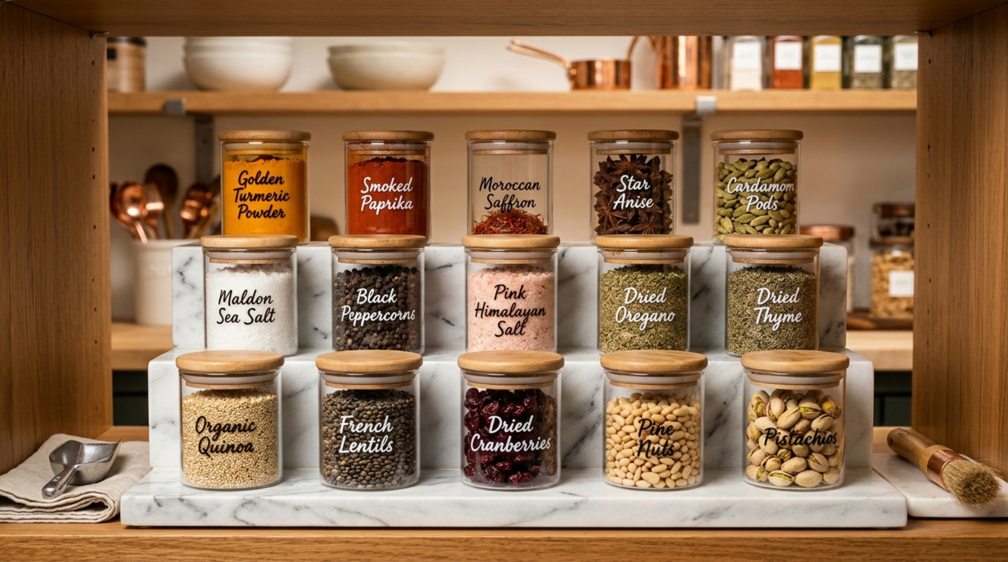 Professional kitchen storage systems featuring tiered marble risers and uniform glass containers with walnut lids under 2700K warm shelf lighting.