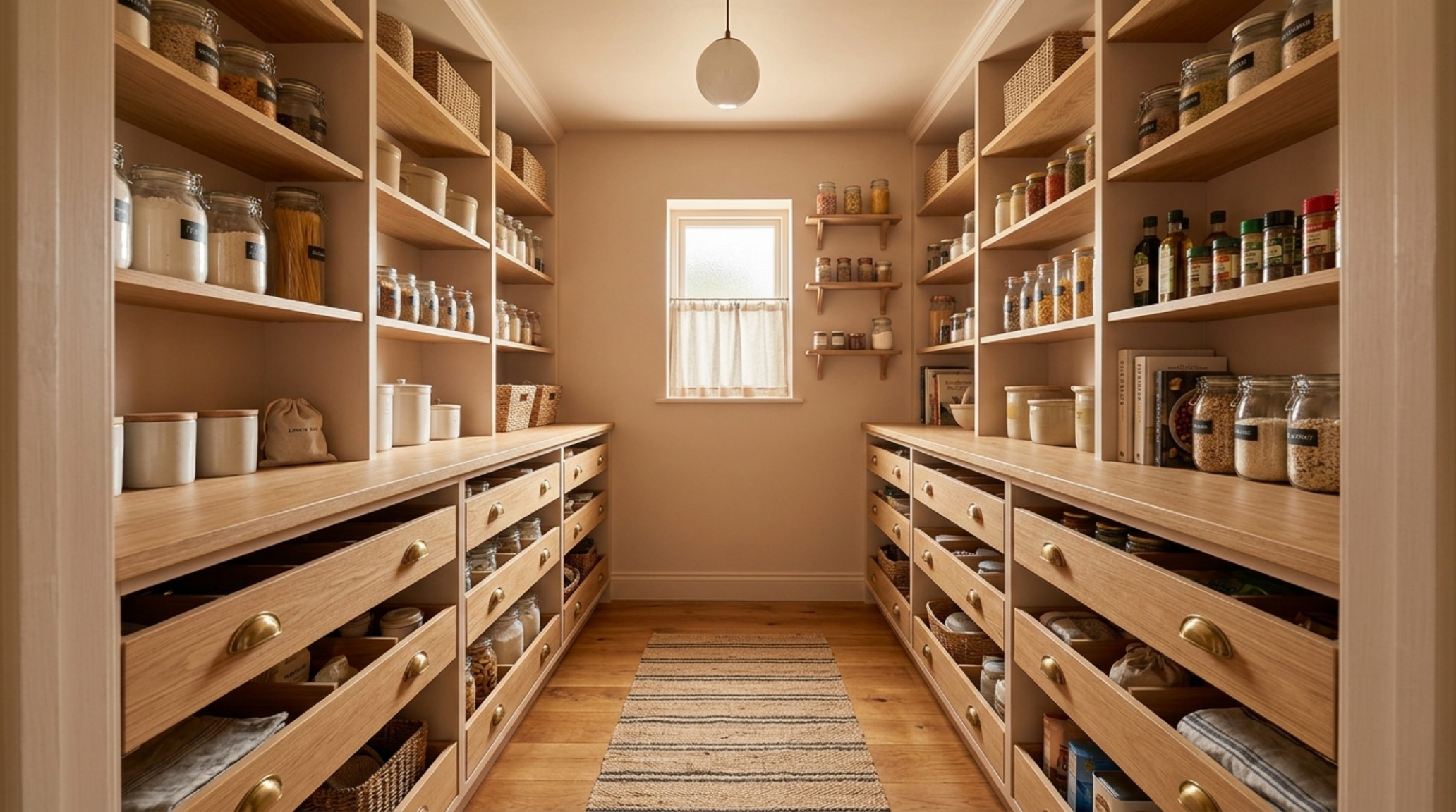 Close-up of a small pantry corner showing the 'Golden Ratio' shelving layout with varying depths and a honed travertine base for heavy appliances.