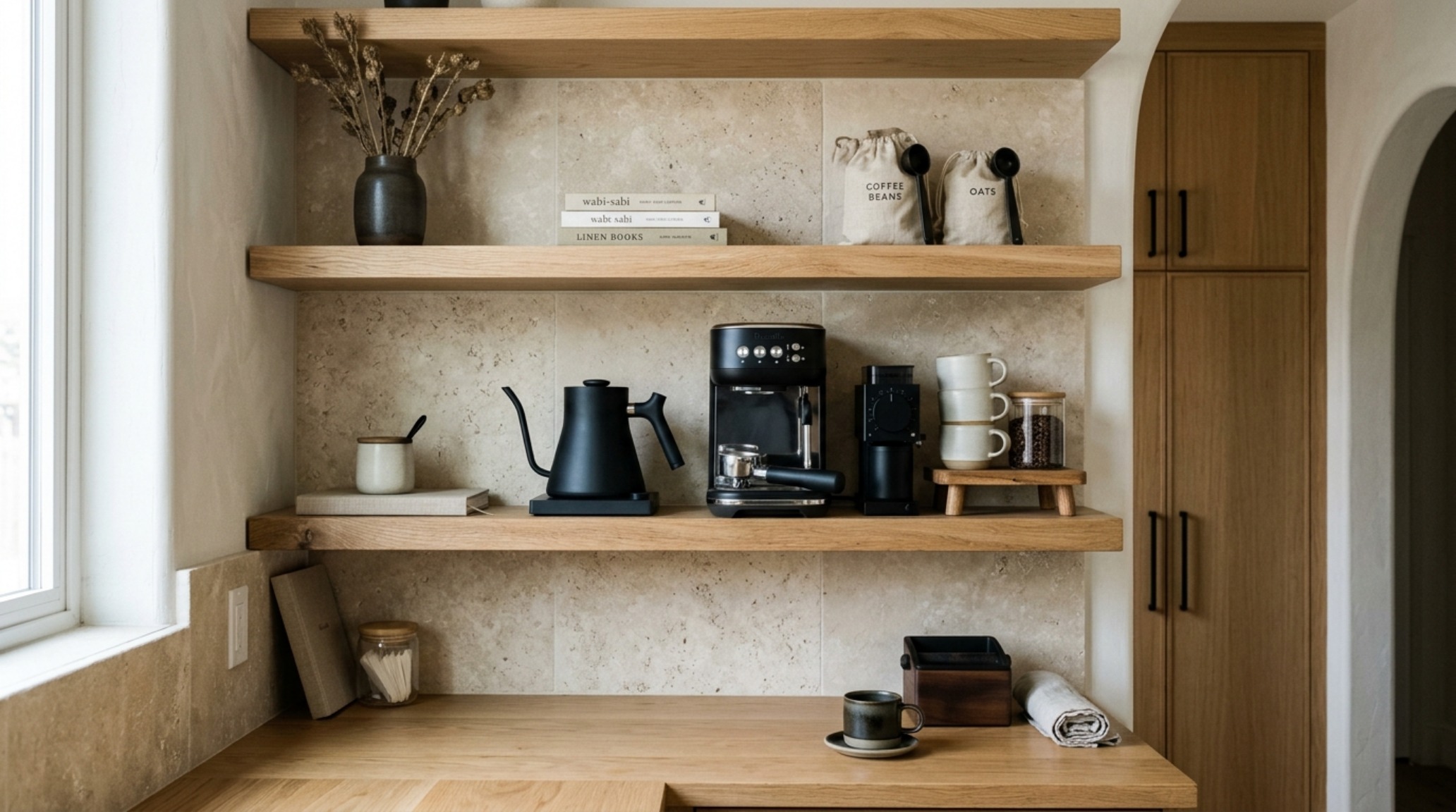 Ethereal lighting design in a small pantry using recessed LED strips to create a shadow-free environment for food storage solutions.