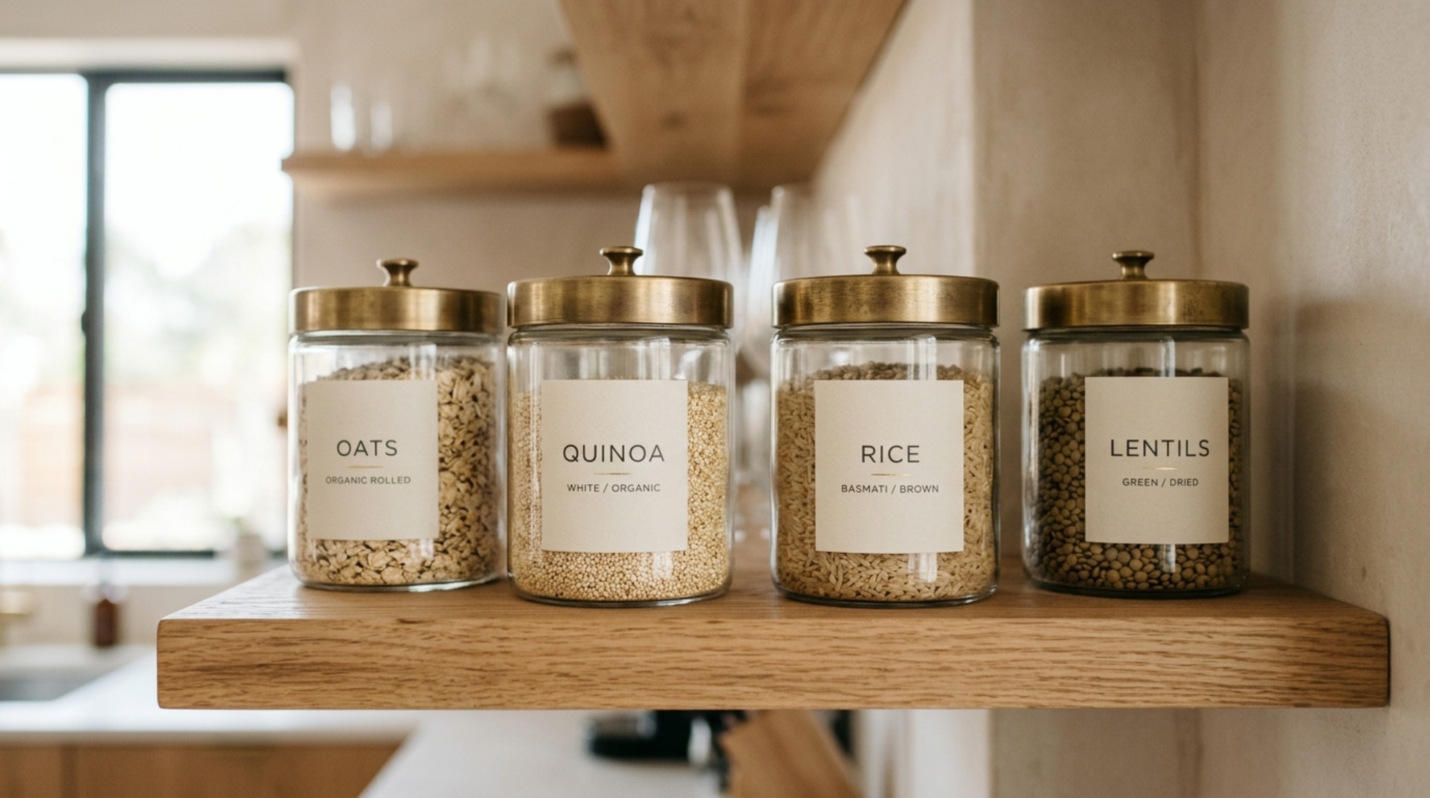 Sustainable glass pantry storage containers arranged by height on a custom fluted oak shelf, showing high-end aesthetic decanting techniques.