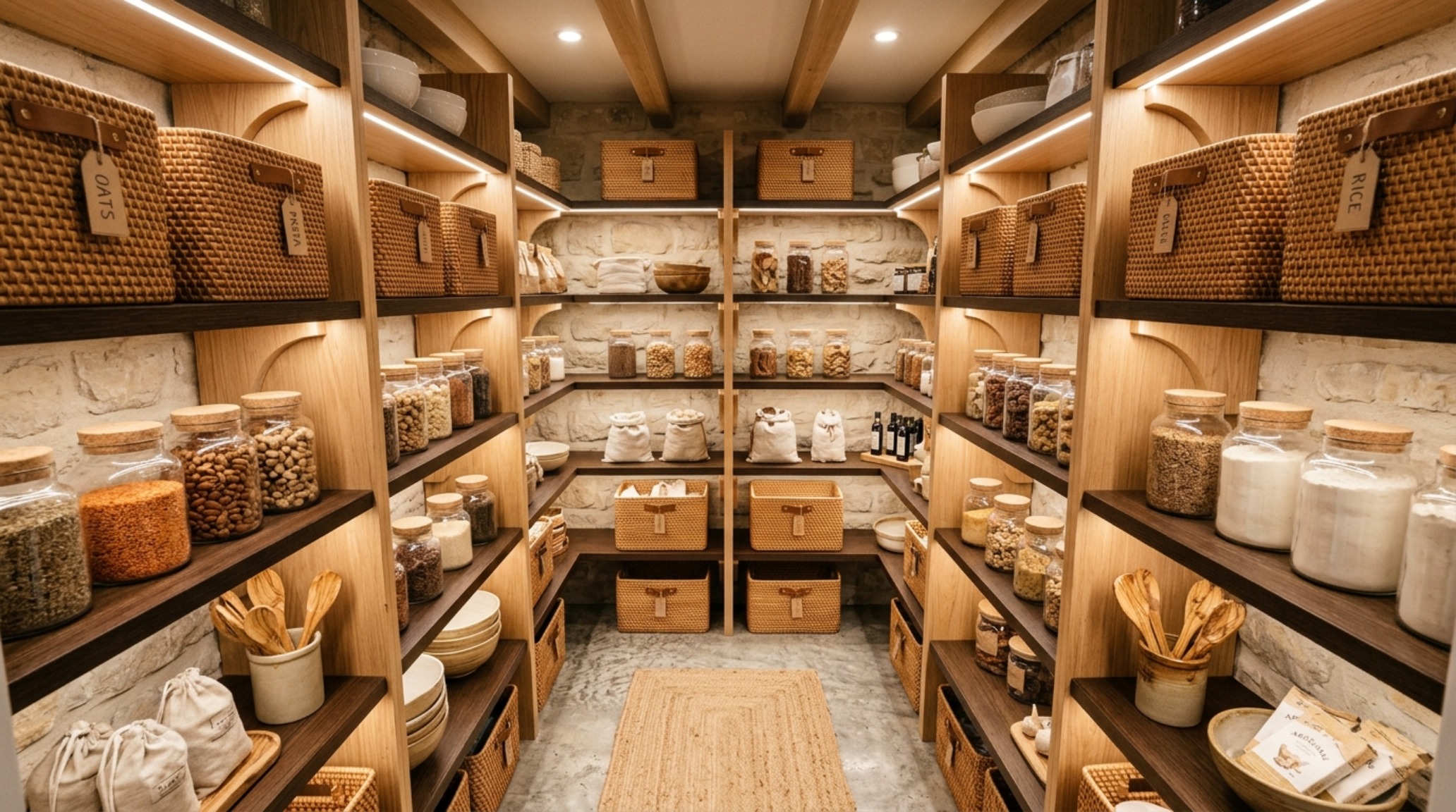 A wide-angle architectural shot of a compact larder utilizing Swiss Coffee paint and brushed brass hardware to enhance spatial cadence and light.
