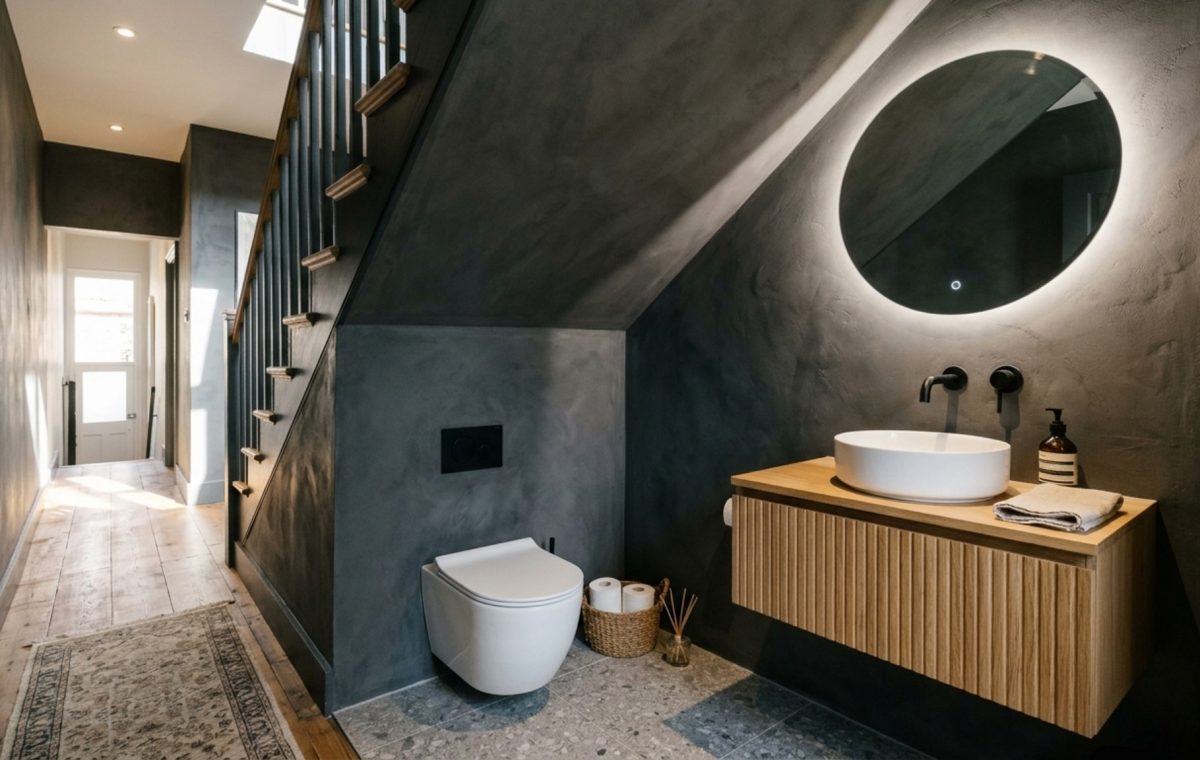 A sophisticated powder room under stairs featuring a sloped ceiling with charcoal limewash walls, a floating white oak vanity, and a minimalist wall-hung toilet.