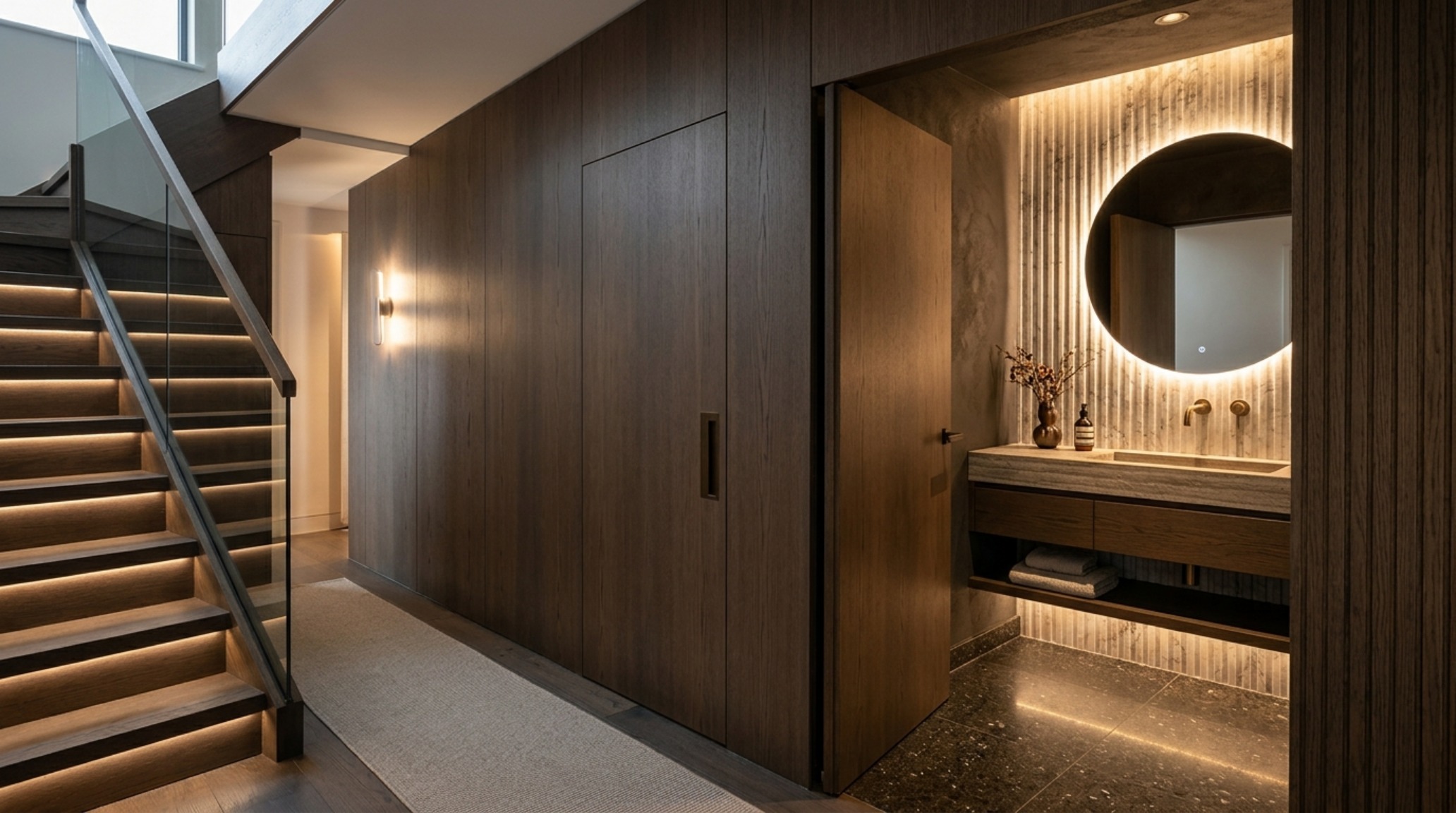 Symmetry and sightline alignment in a modern powder room under stairs with a seamless pivot door and recessed architectural niche storage.