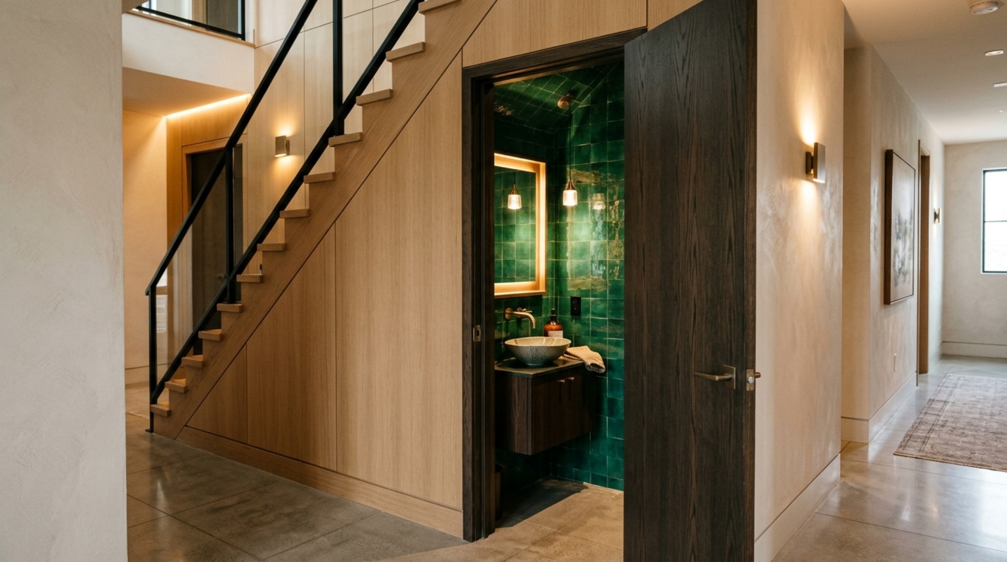 An elegant hallway view showing a concealed pocket door that opens to reveal a textured 'Jewel Box' powder room under stairs with warm brass accents.
