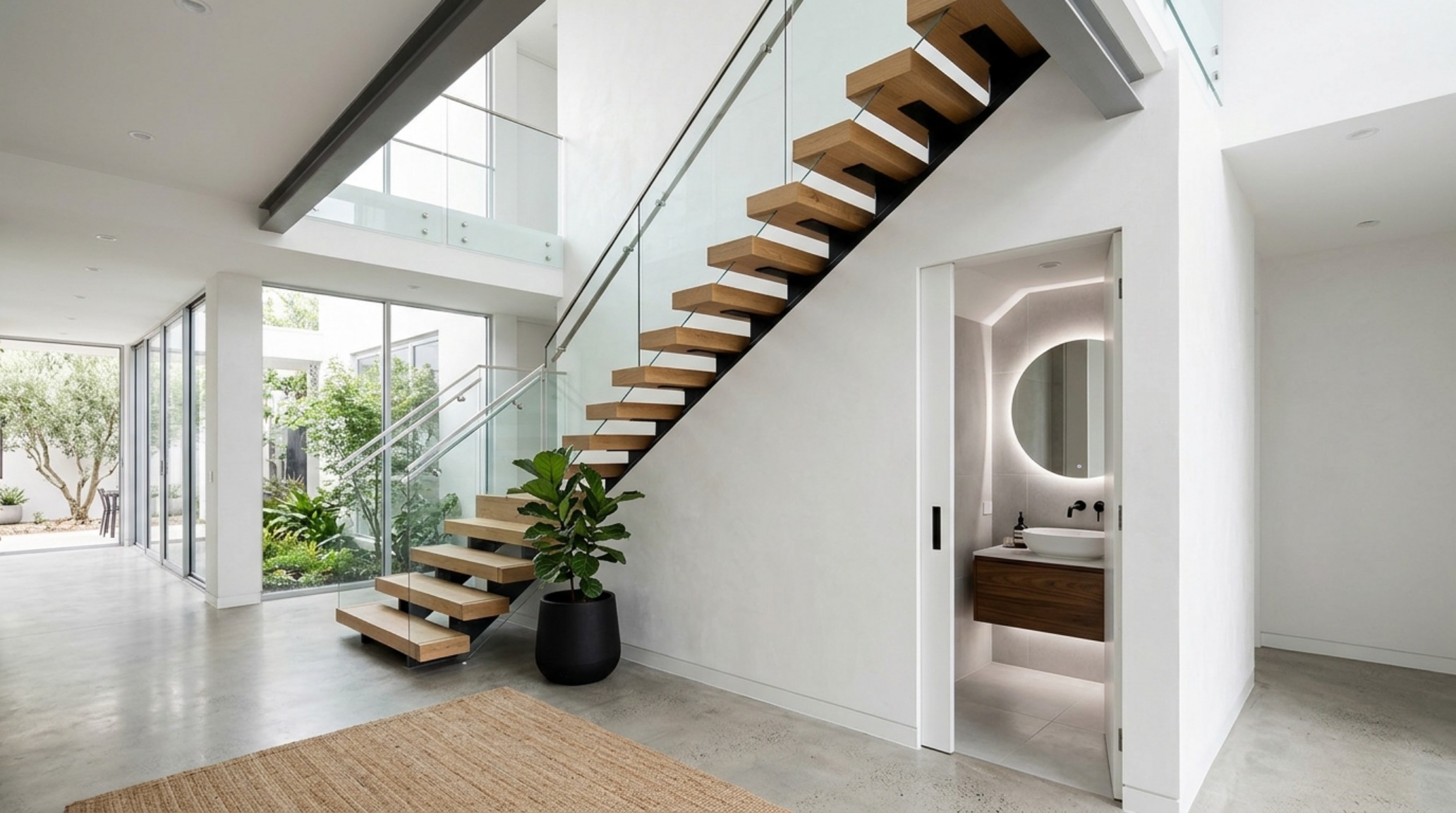 A wide-angle editorial shot of a modern staircase optimization project where a tiny bathroom is perfectly integrated into the geometric void of the stairs.