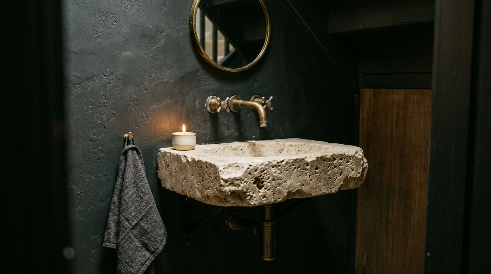 Close-up of a honed travertine floating sink in a powder room under stairs, illuminated by a low-profile architectural pendant light.