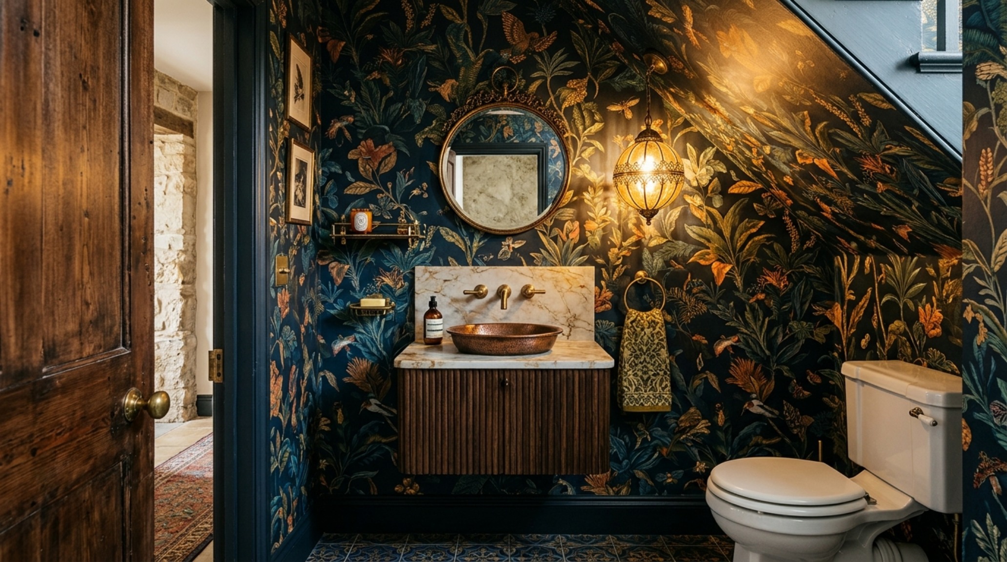 Interior view of a half bath under stairs featuring bold floral wallpaper, a compact corner sink, and black matte fixtures to maximize small space design.