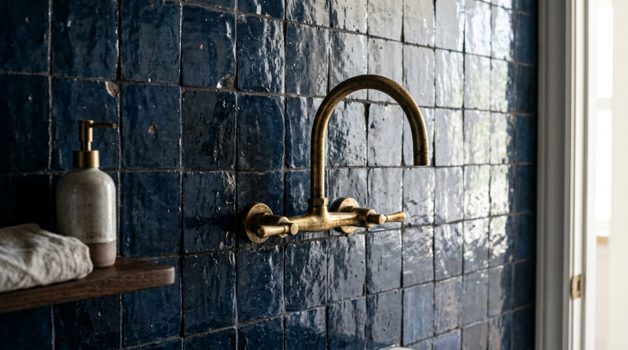 Luxury finishes in a tiny bathroom under stairs including Zellige tiles in a herringbone pattern and an aged brass wall-mounted faucet.